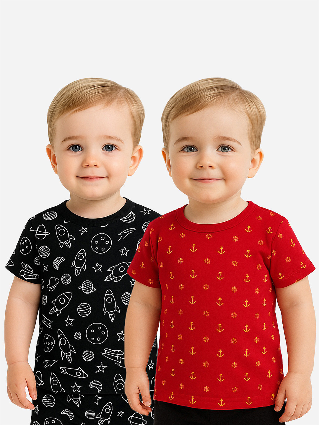 Infant Boys Cotton All Over Print Pack of 2 Casual Round Neck Half Sleeve T-Shirt