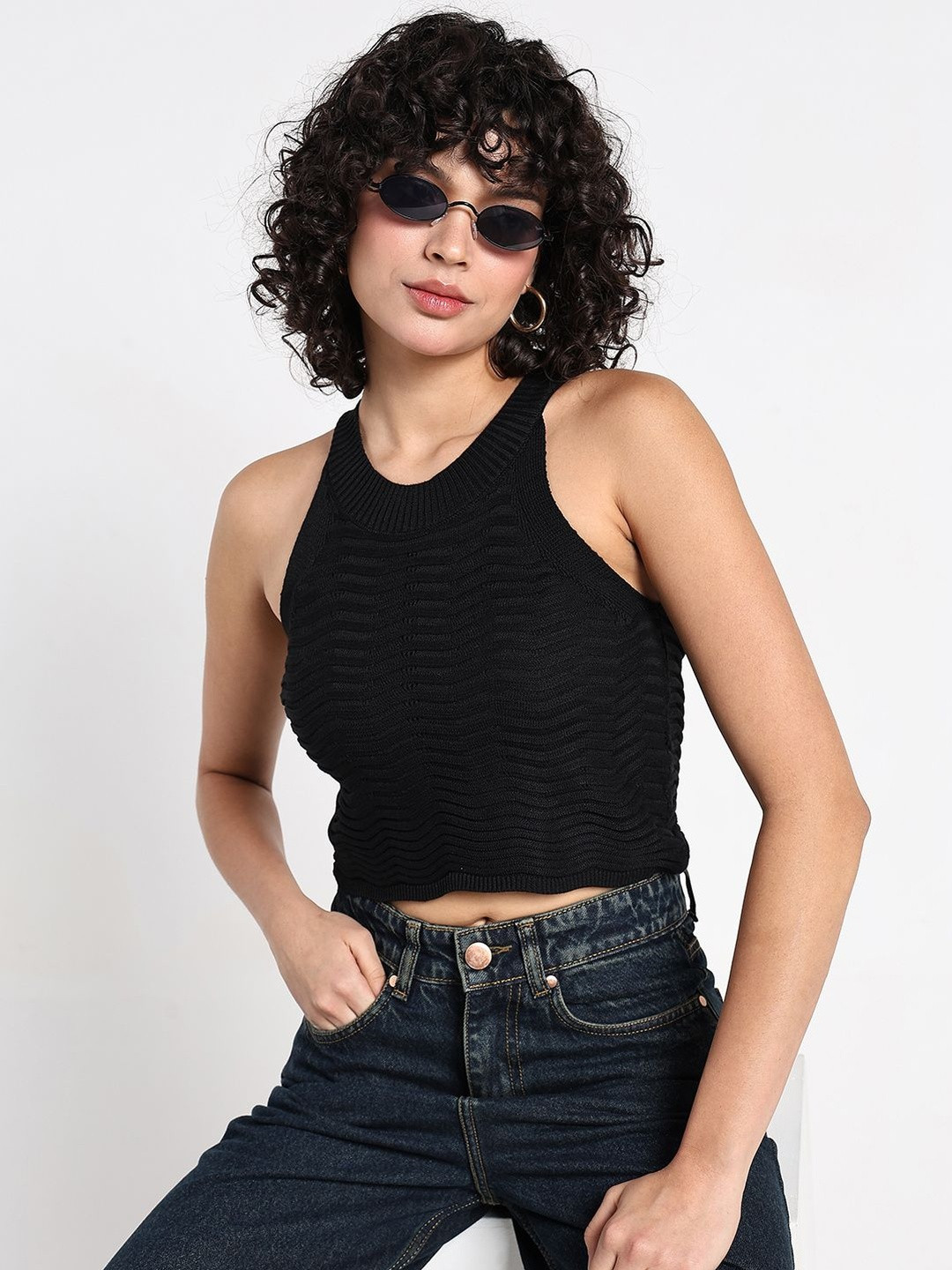SHOWOFF Women Black Acrylic Crop Fitted Tops