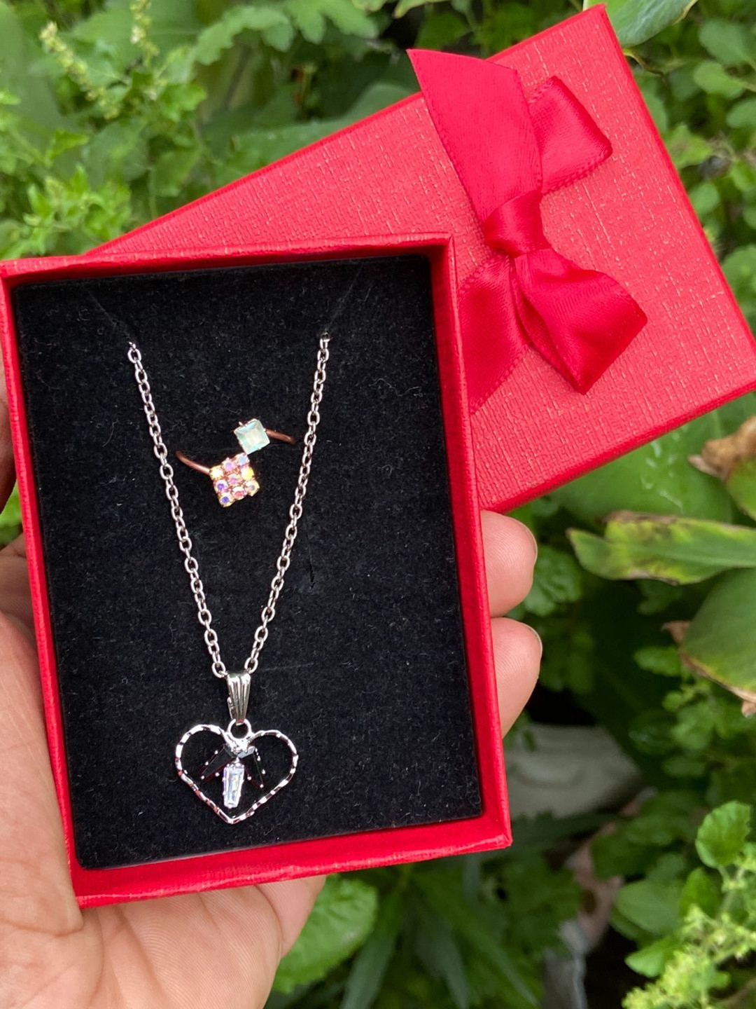 Psight Women Silver-Plated Heart Artificial Stones Pendant Necklace with Matching Ring