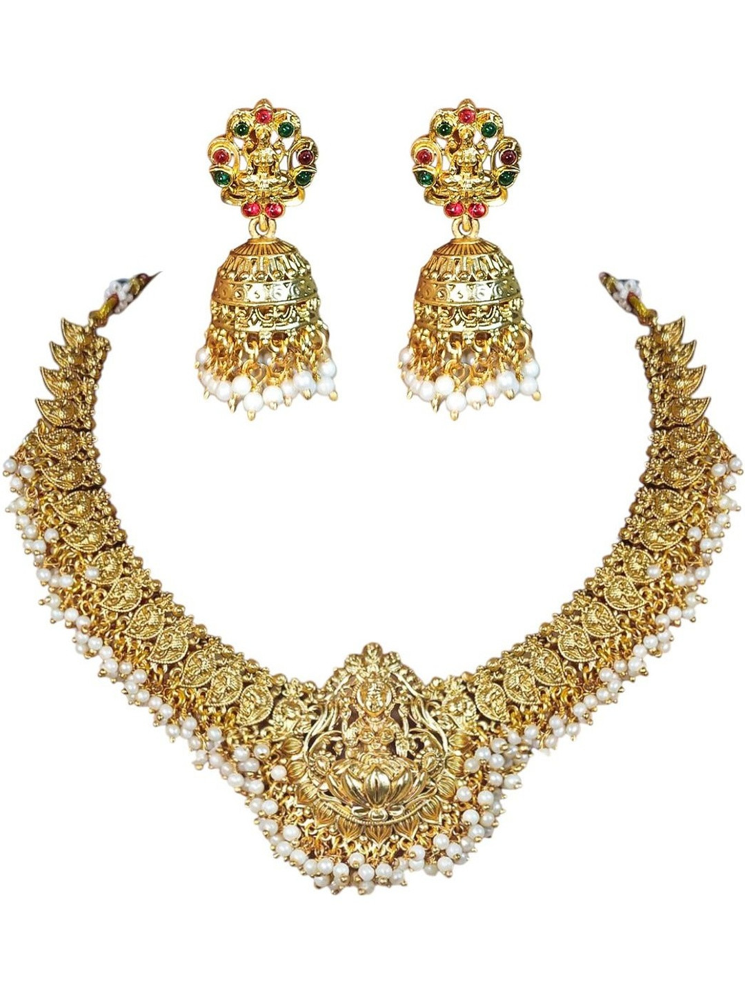 Traditional Temple Jewellery Gold-Plated Necklace and Jhumka Set