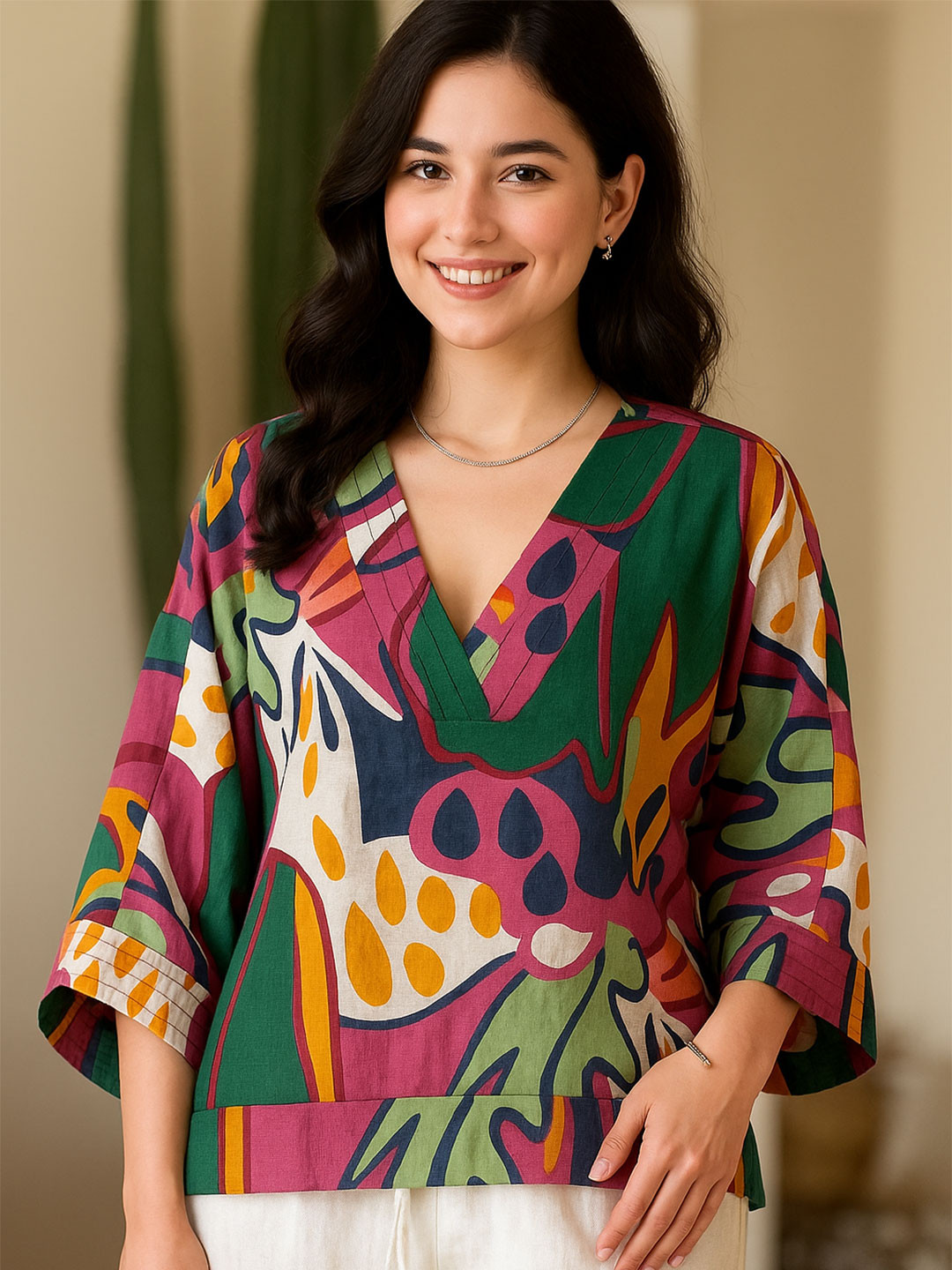 FFI Women ArtPop Bloom Printed Kimono Sleeve Cotton Crop Top