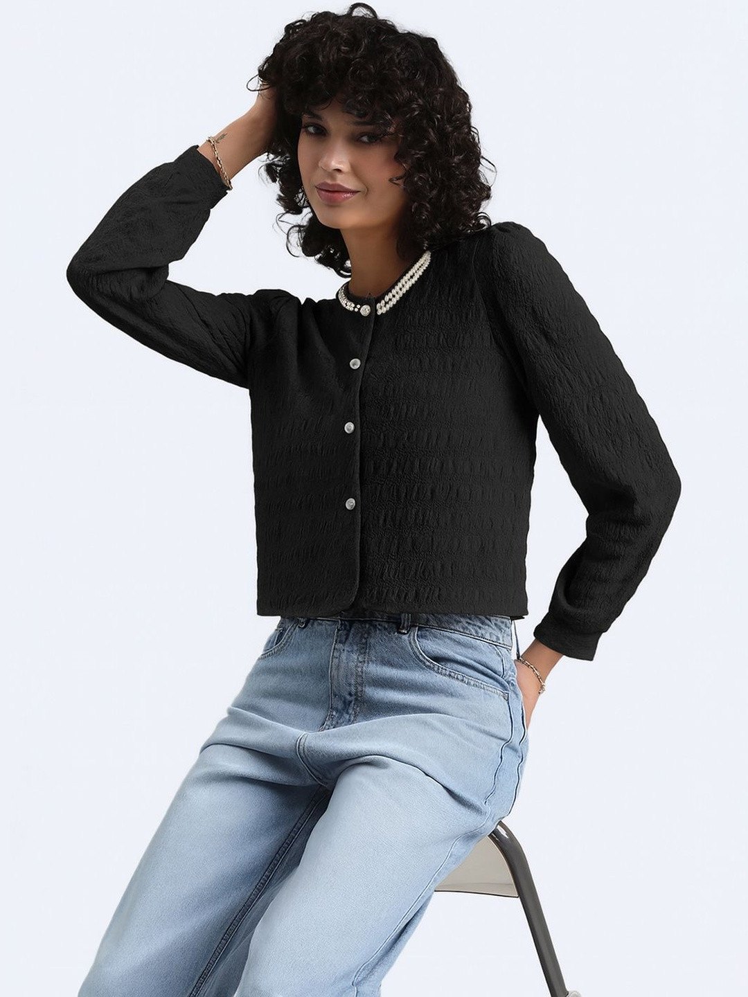 SHOWOFF Women Embellished Textured Crepe Top