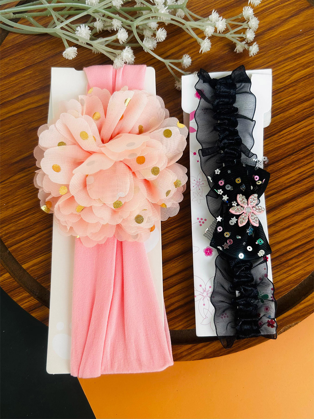 Radhya Accessories Infant Girls Pack Of 2 Bow Flower Elastic Baby Chill Wrap Headband