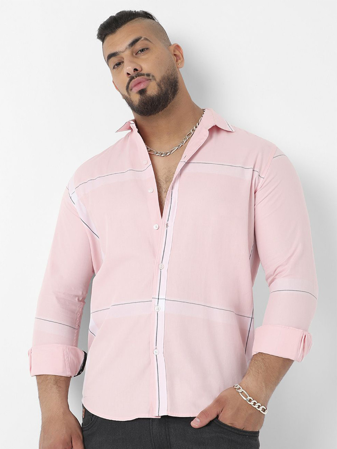 Instafab Plus Horizontal Stripes Striped Comfort Relaxed Fit Cotton Shirt