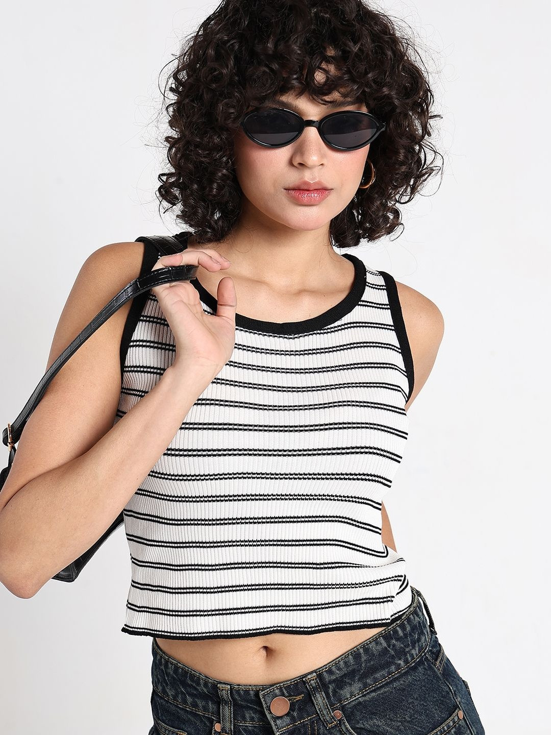 SHOWOFF Women White Striped Acrylic Tank Top