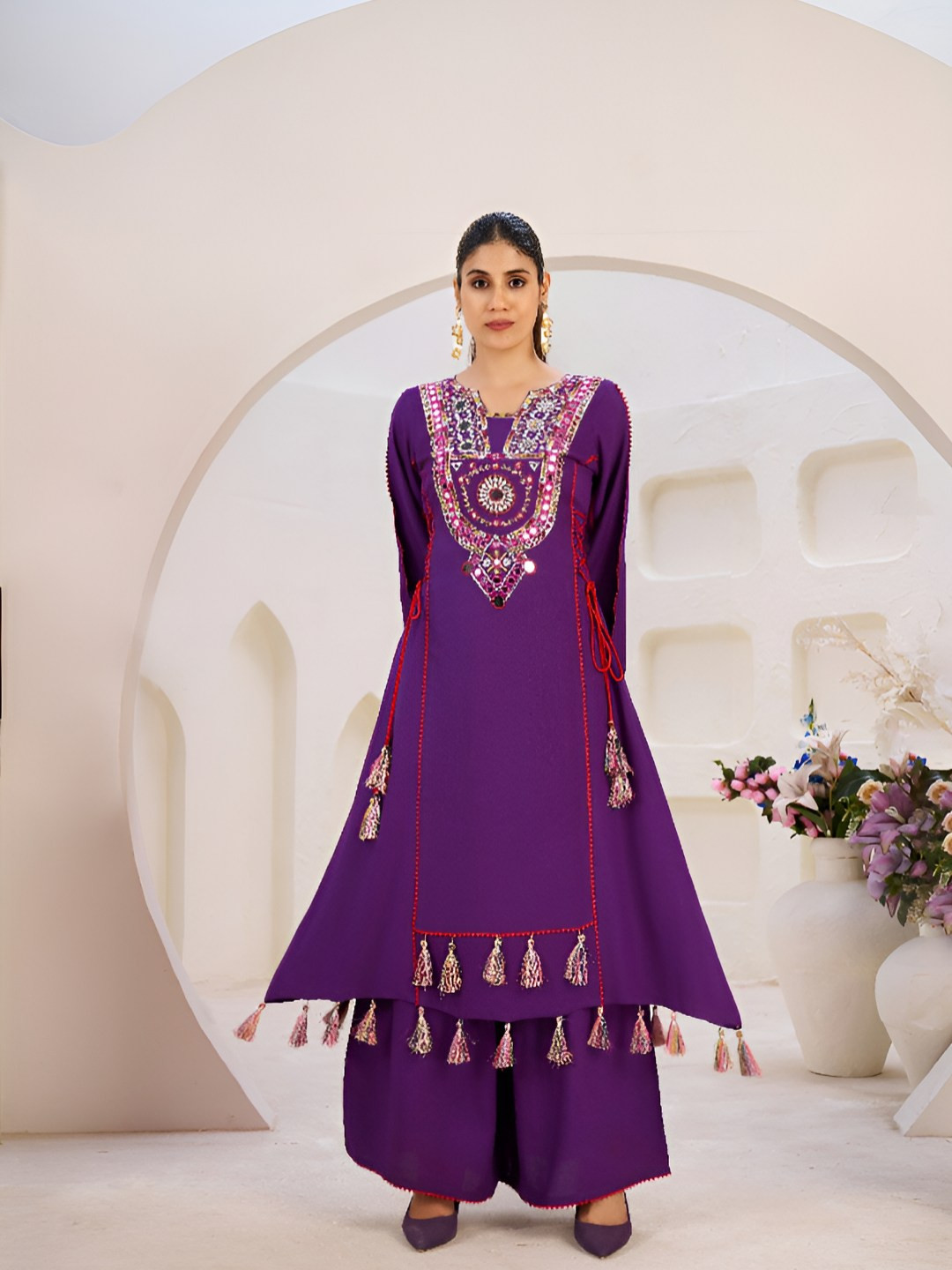 SWEETPEL Ethnic Motifs Embroidered Square Neck Mirror Work Kurta With Palazzos
