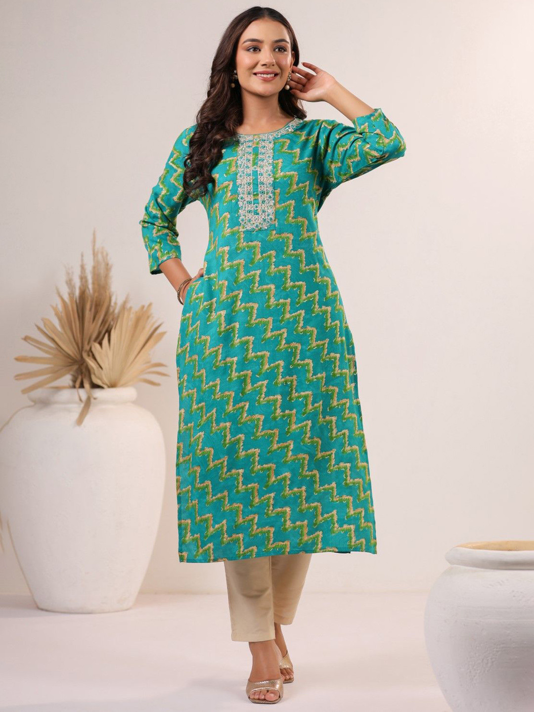 AUTUMN LANE Varisha Verdigris Chevron Printed Thread Work Straight Kurta