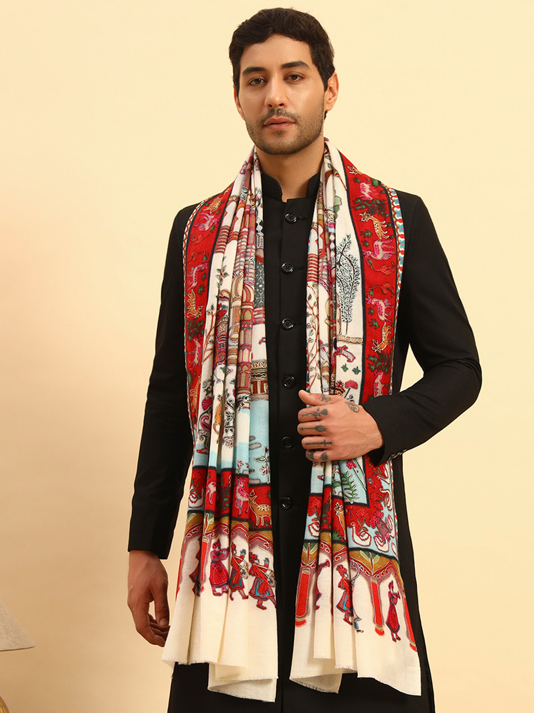 Pashmoda Men Tribal Embroidered Pure Wool Kalamkari Shawl