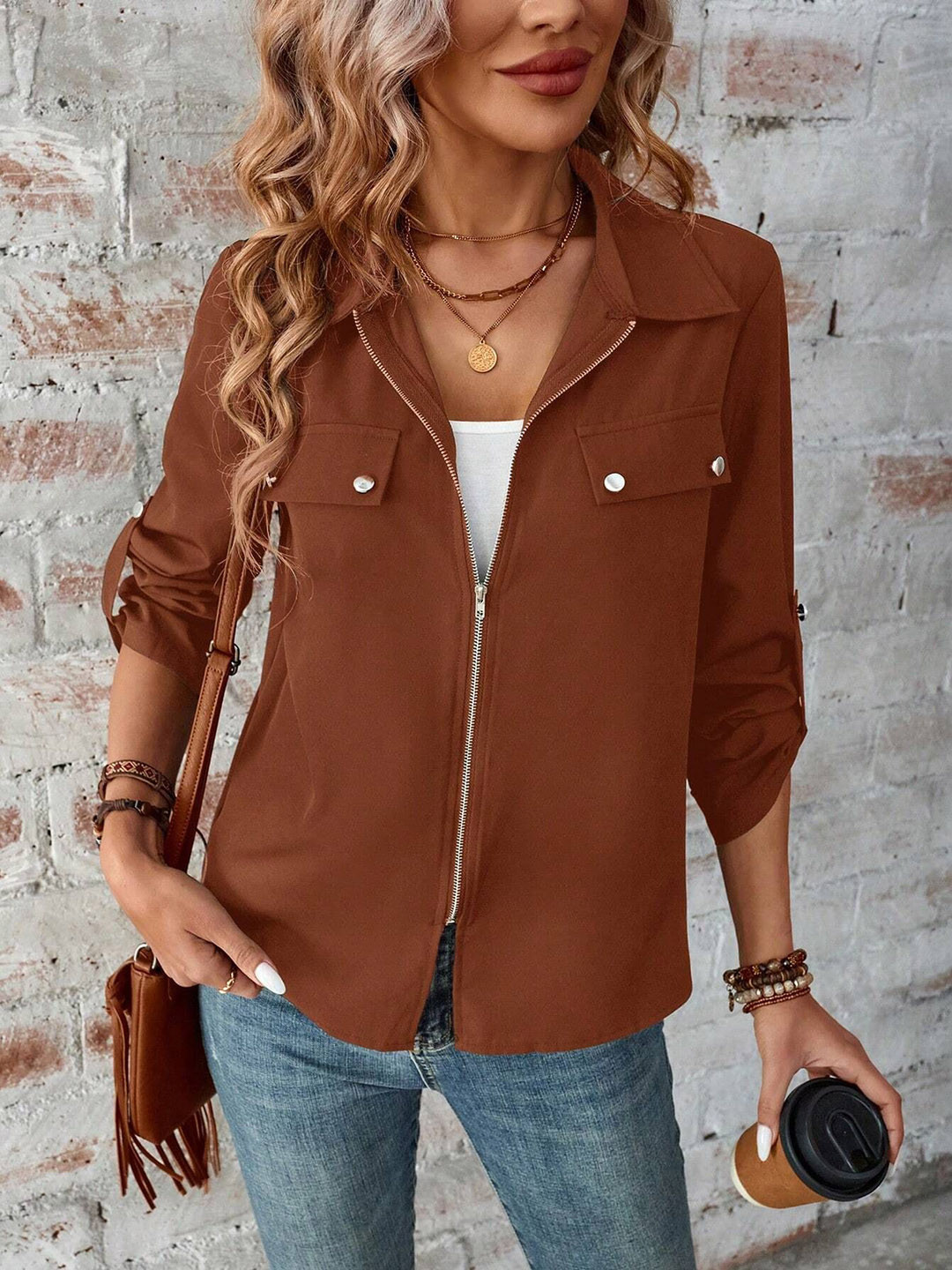 StyleCast Women Zip-Up Roll Tab Sleeve Open Front Jacket
