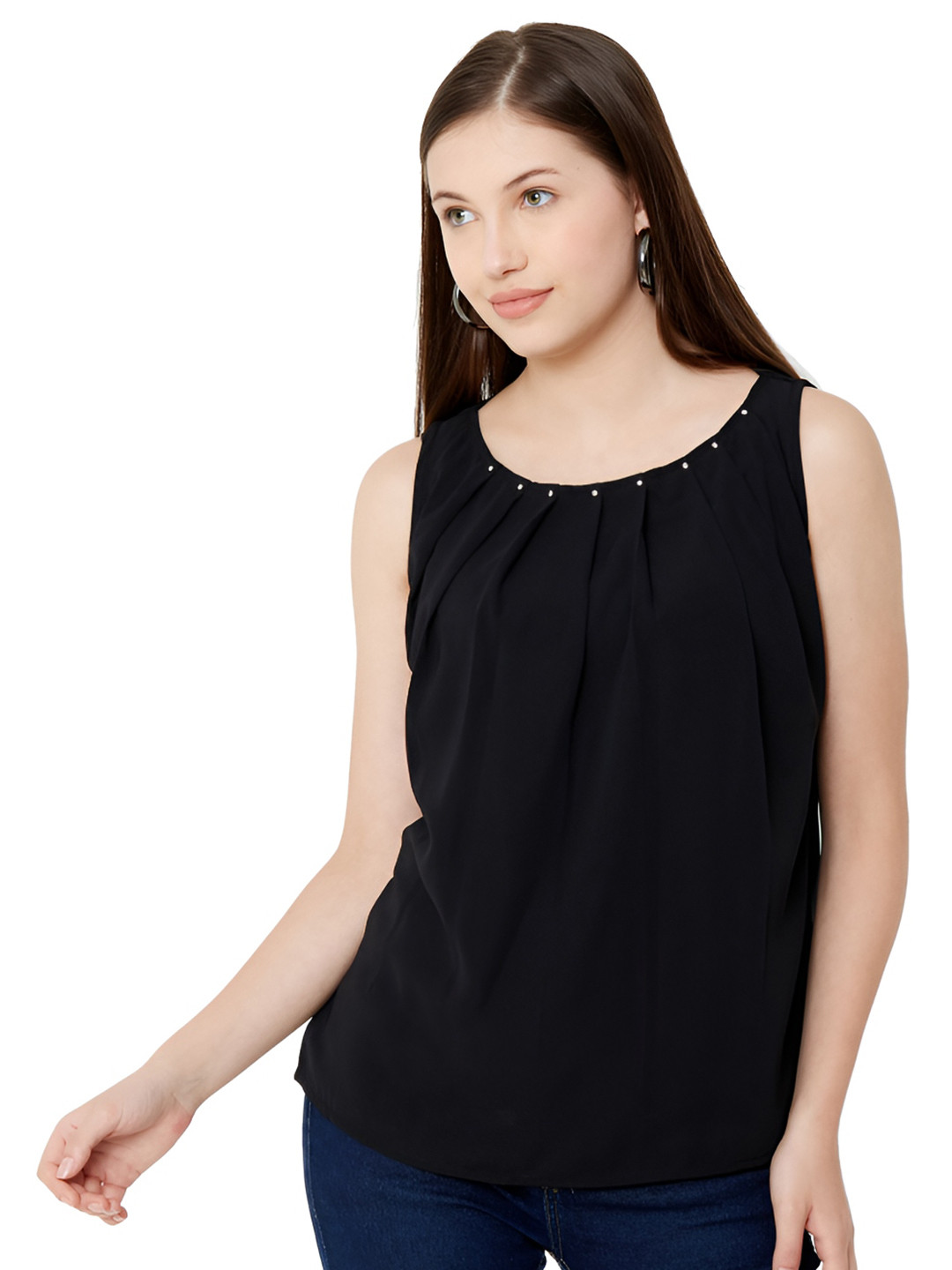 G0-4 IT Women Round Neck Georgette Top With Pleated