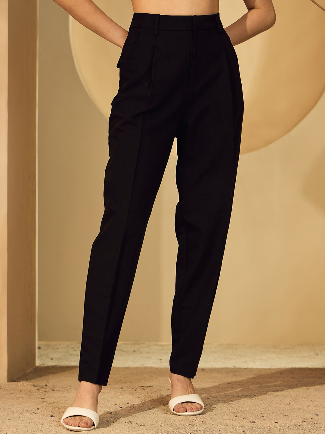 DELAN Women Tailored Mom Fit High-Rise Pleated Regular Trousers