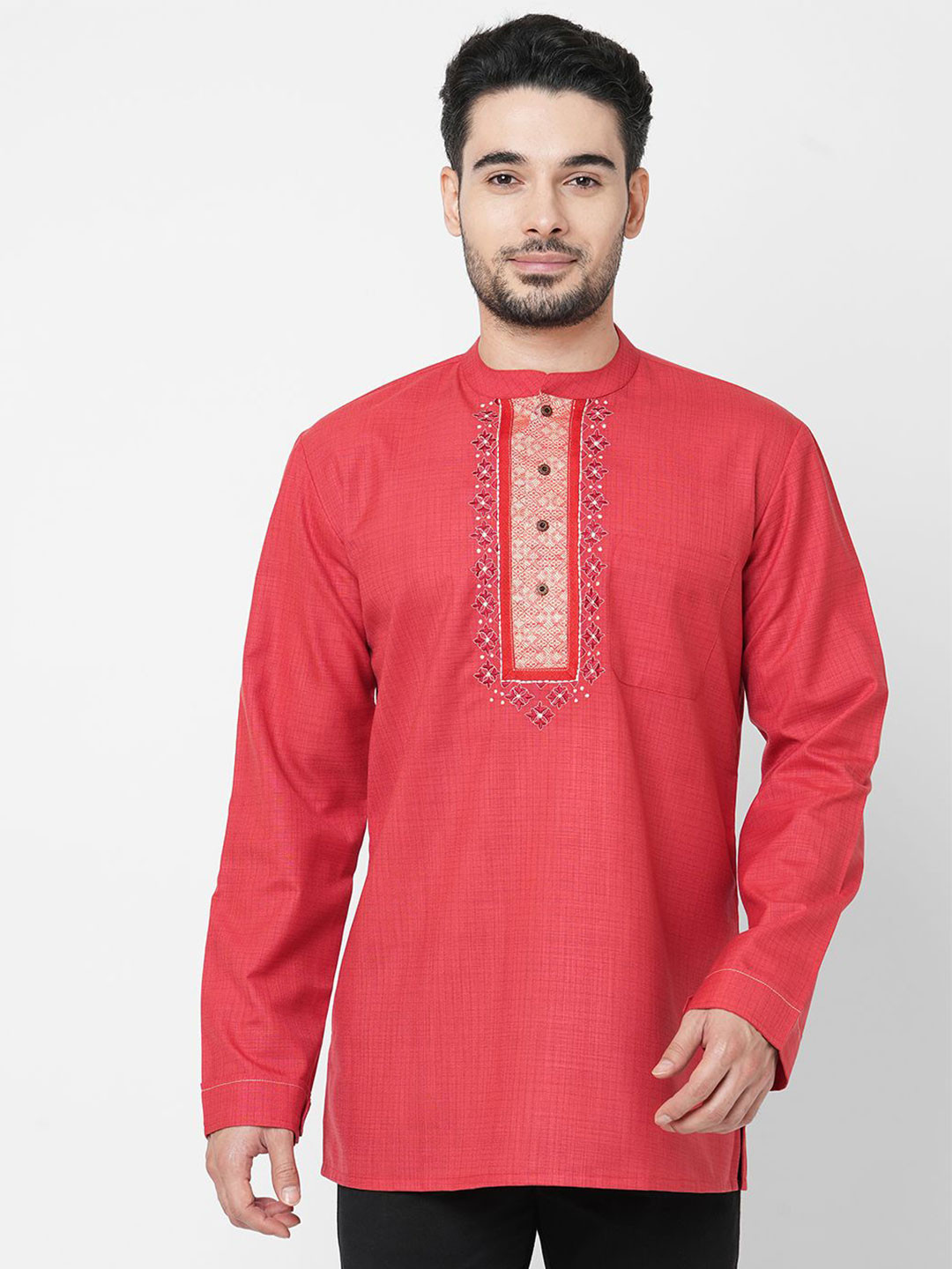 ARCHATTIRE Men Checked Embroidered Cotton Short Kurta
