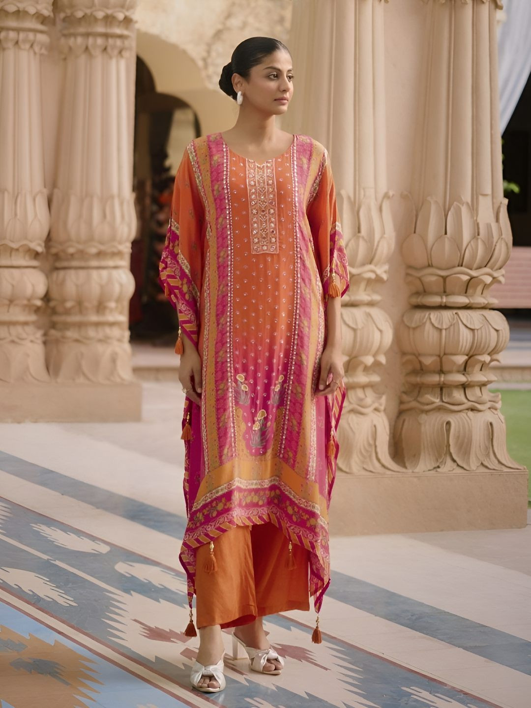 AUTUMN LANE Aster Flamingo Floral Printed Beads and Stones Kaftan Kurta With Palazzo