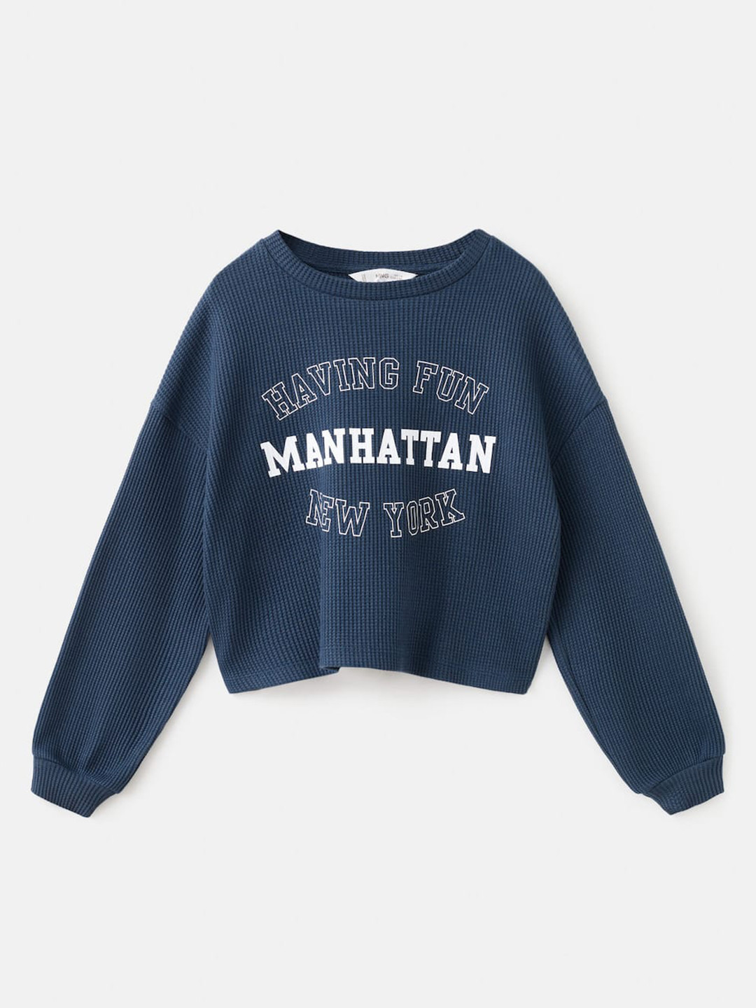 Mango Kids Girls Printed Waffle Textured Pure Cotton T-shirt