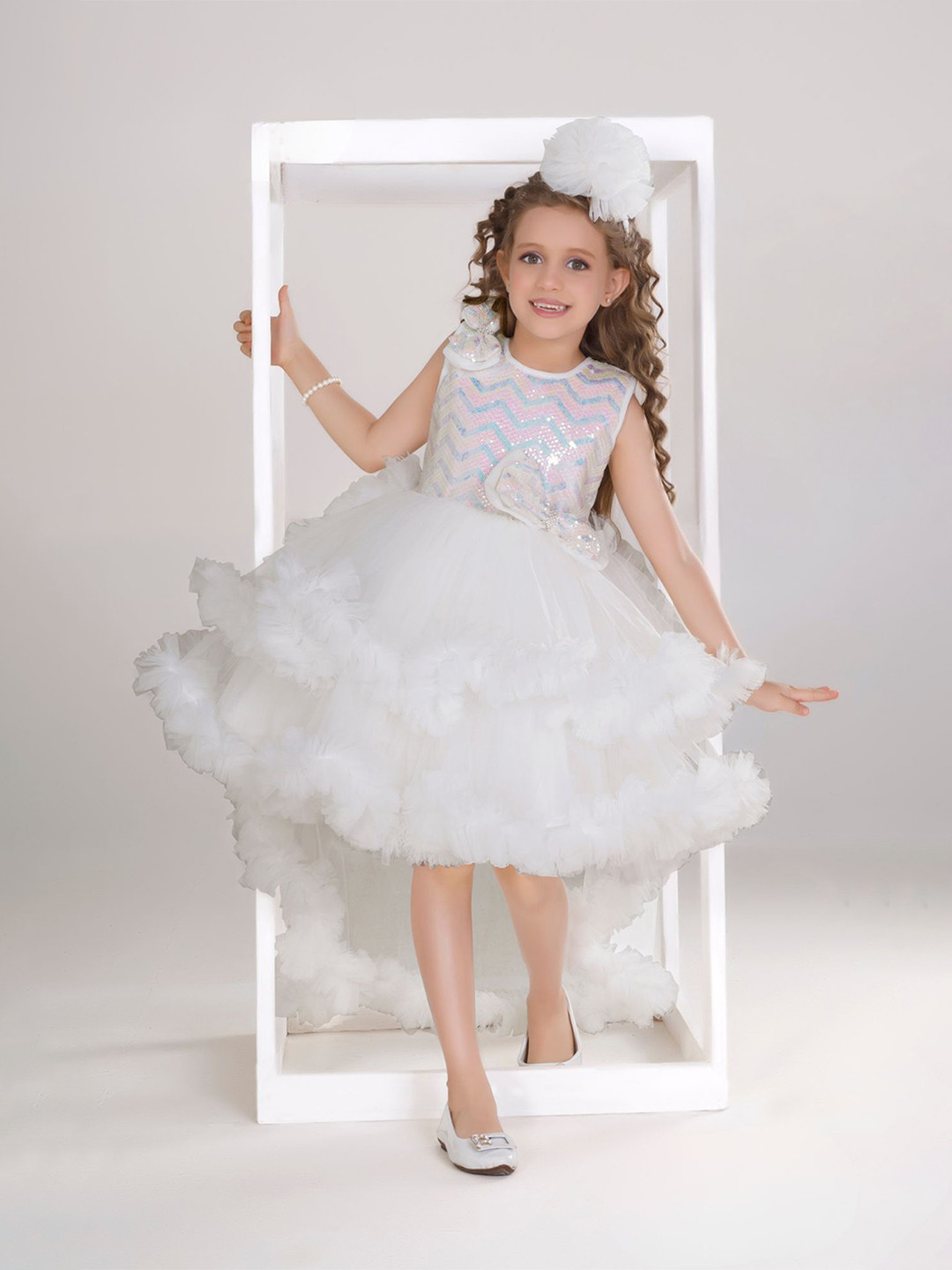 Lagorii Girls Ruffle Party Gown with Sequin Bows and High-Low Hem