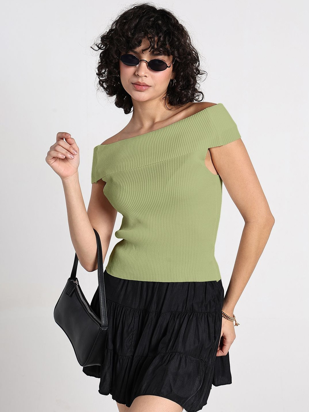SHOWOFF Women Green Fitted Off-Shoulder Top