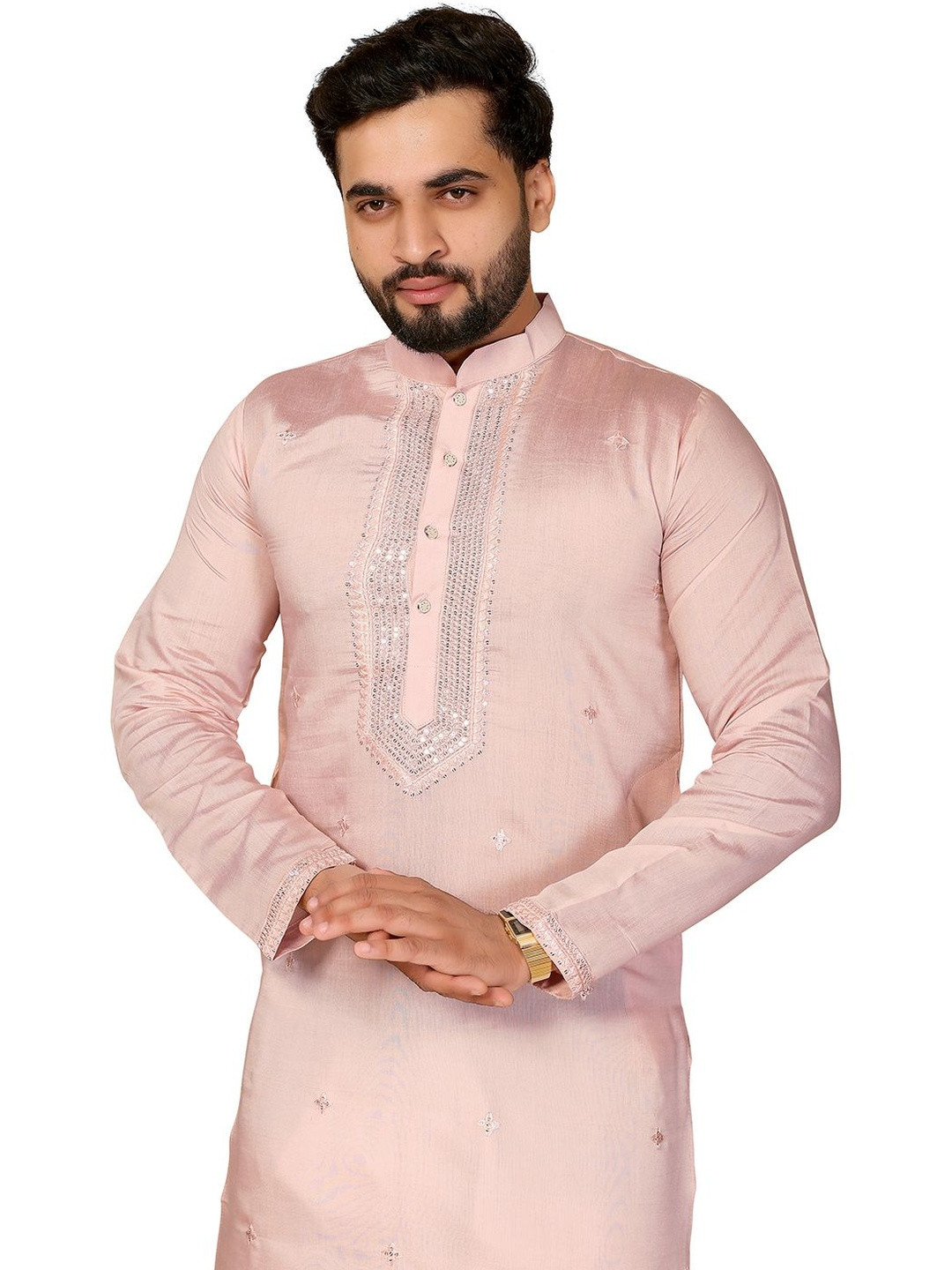Moda Rapido Men Pink Sequins Embroidered Mandarin Collar Cotton Silk Kurta