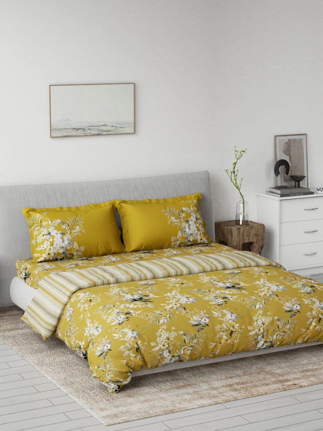 DDecor Yellow & White Printed Mild Winter Pure Cotton Double King Regular Bedding Set