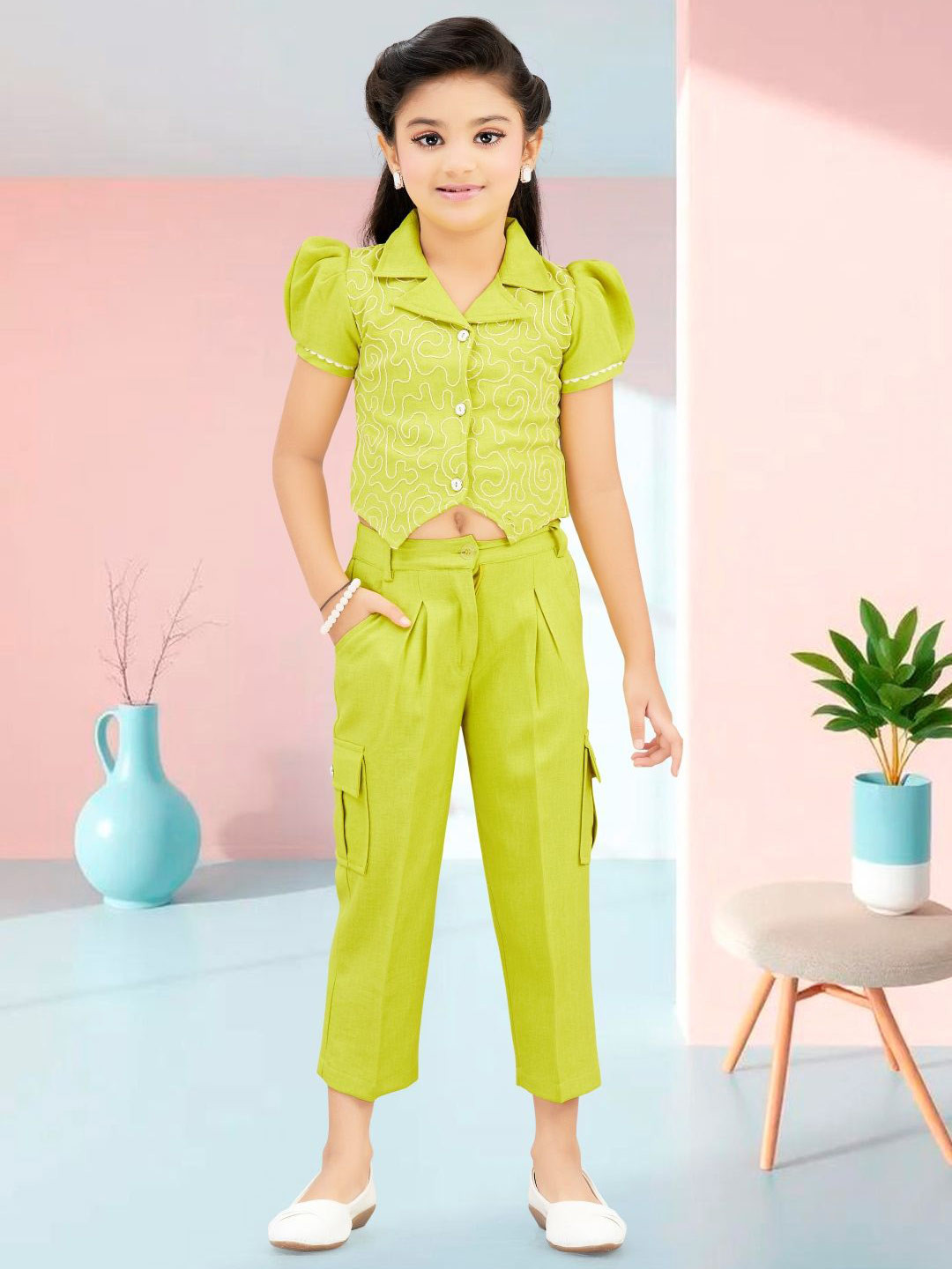 Lei-Chie Girls Embroidered Puff Sleeves Linen Shirt With Cargo Pant Set