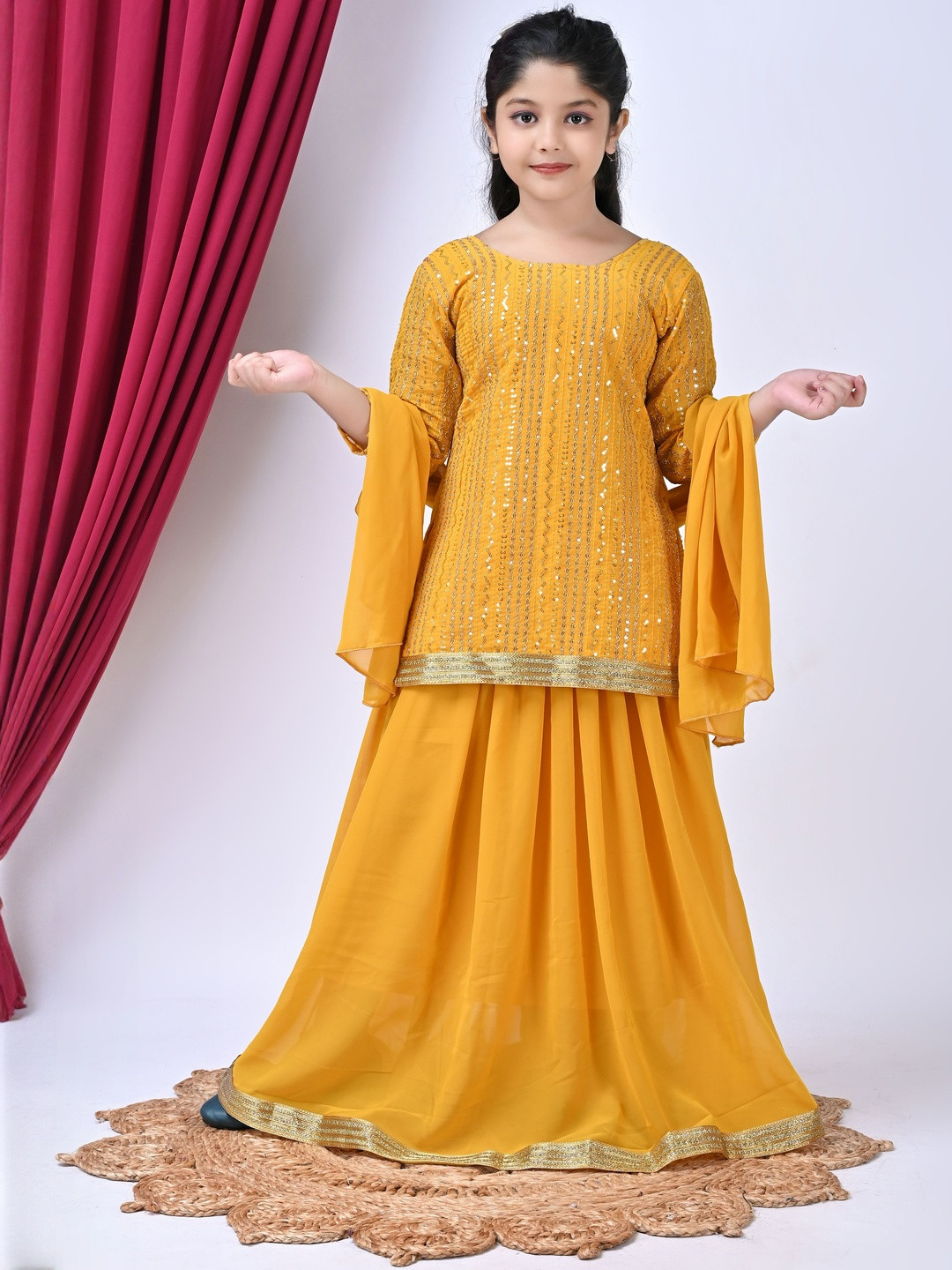 SPAMitude Girls Yellow Long Sleeves Round Neck Georgette Embellished Ethnic Clothing Set
