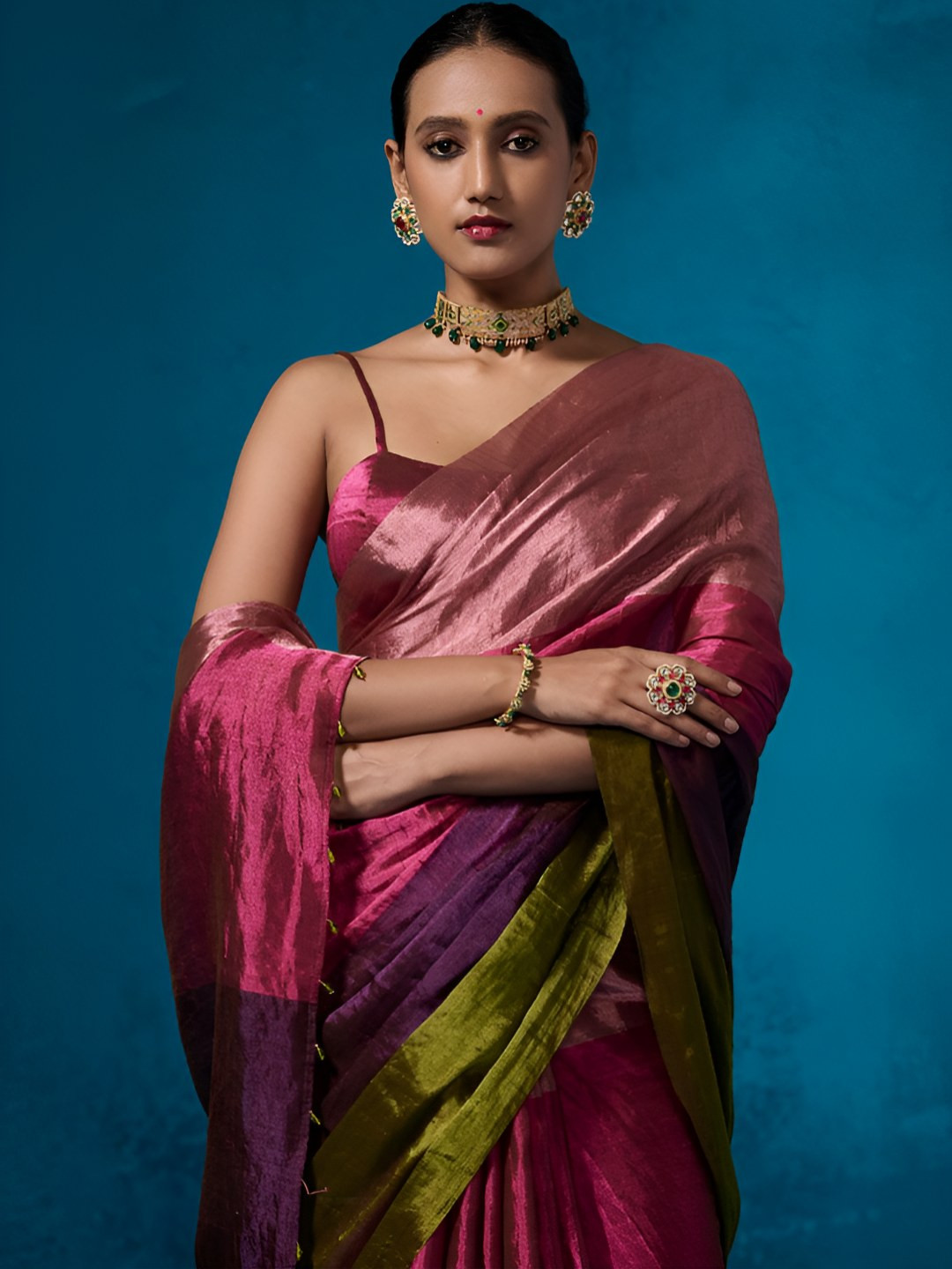 Dressfolk Tissue Saree Featuring Rose & Purple, Green Stripes with Elegant Beadwork