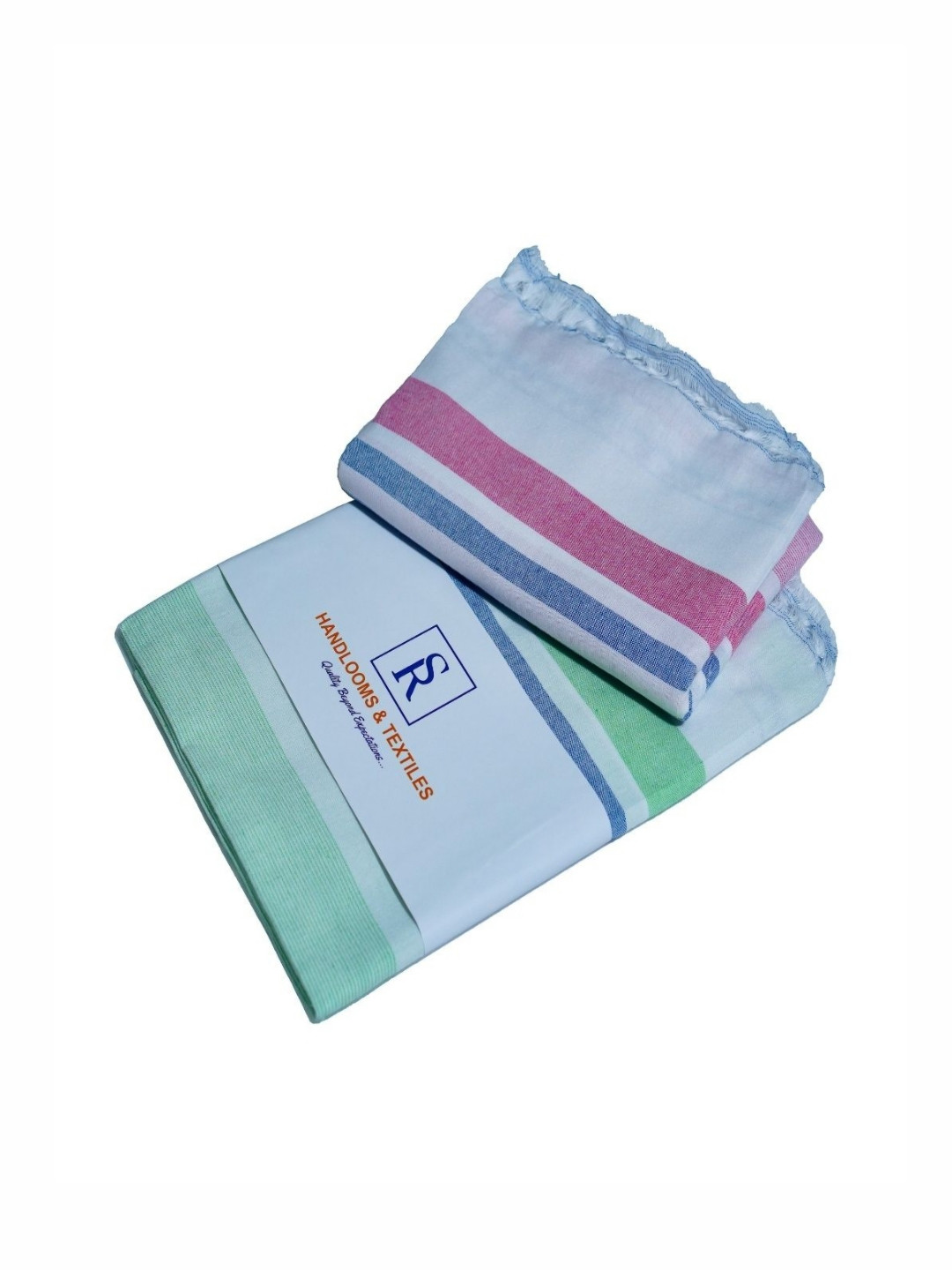 SR HANDLOOMS AND TEXTILES Green & Pink 2 Pieces Striped Pure Cotton 400 GSM Bath Towels