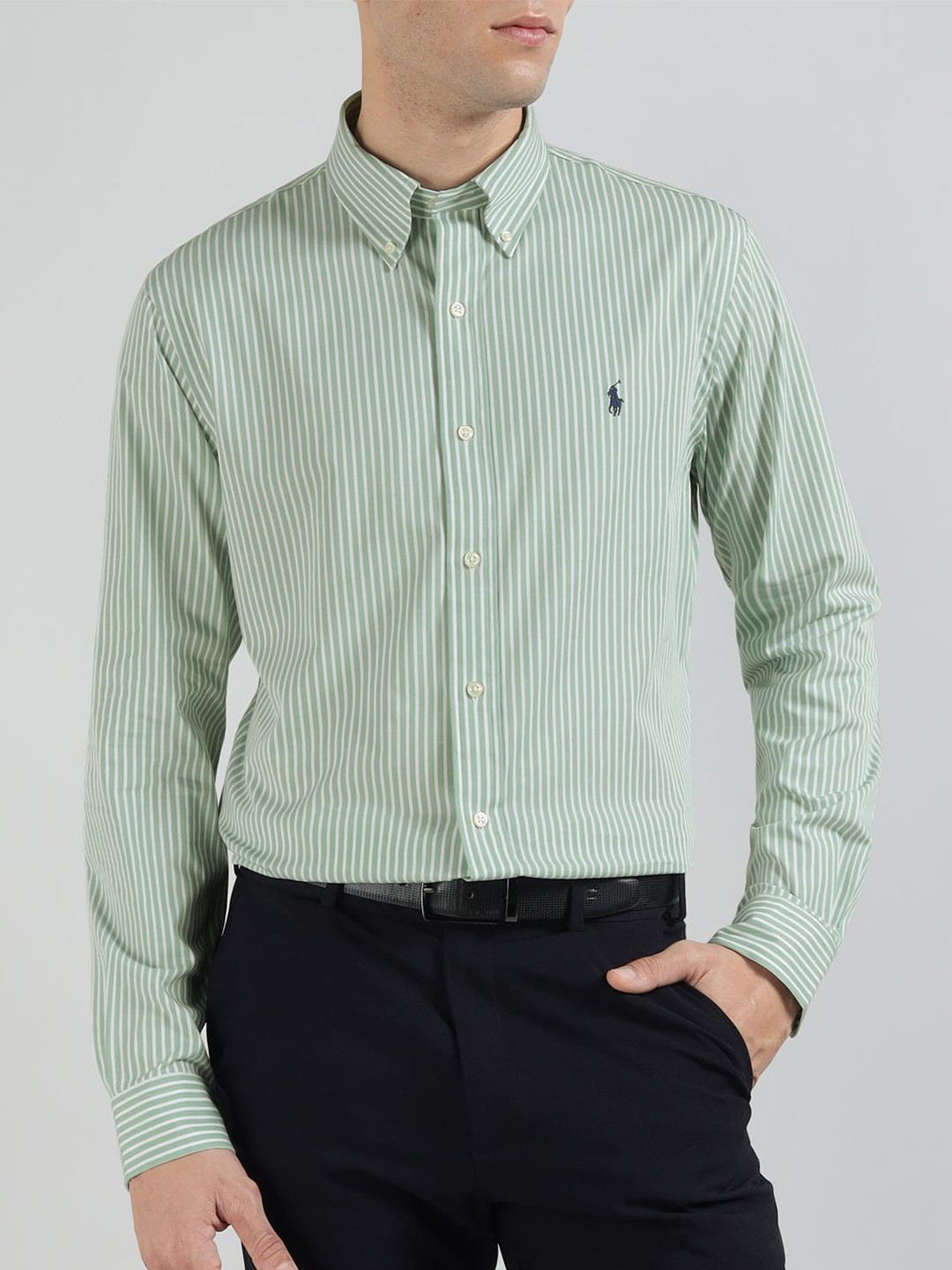Polo Ralph Lauren Vertical Striped Button Down Collar Custom-Fit Cotton Poplin Shirt
