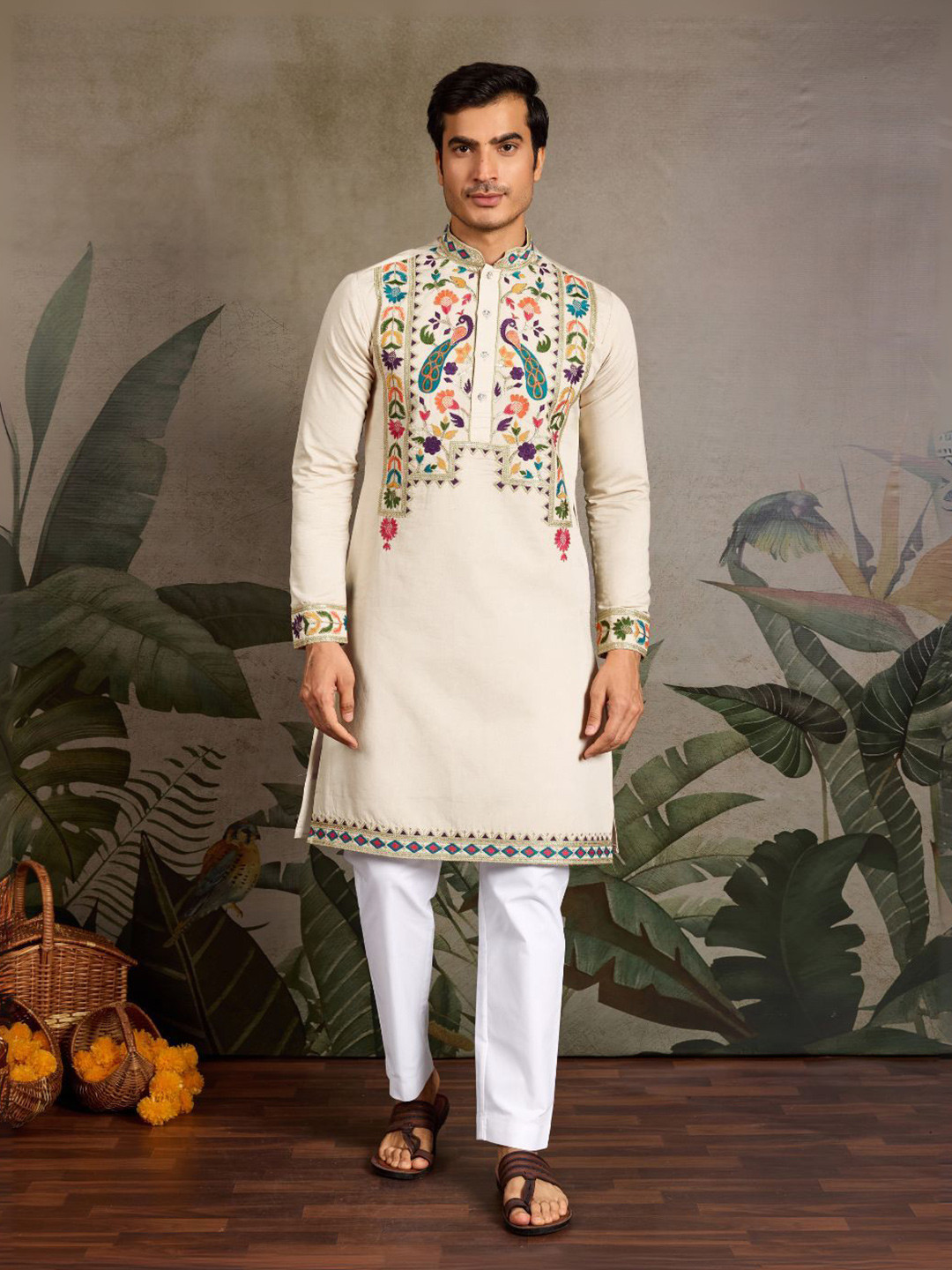 ODETTE Beige Viscose Silk Embroidered Stitched Kurta For Men