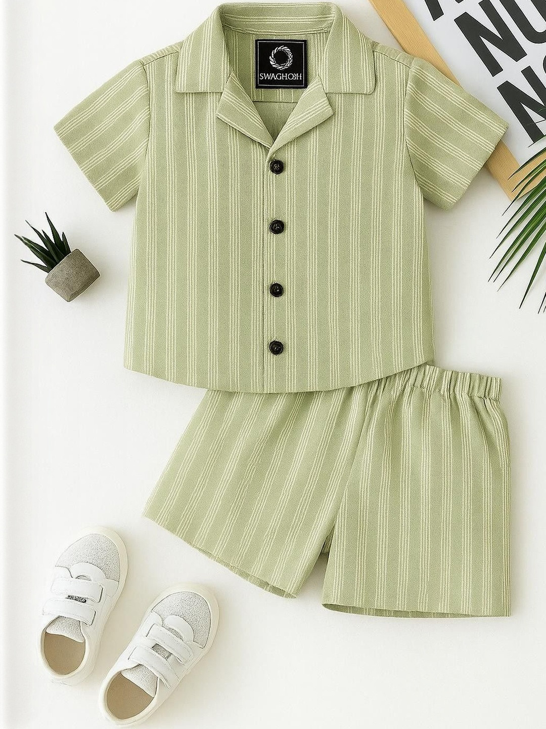 SW SWAGHOSH Boys Green & White Striped Shirt Collar Short Sleeves Cotton Shirt With Shorts