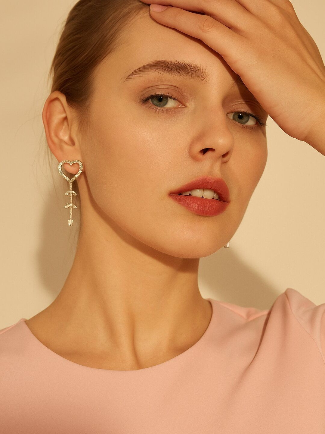 Haute Handles Stainless Steel Crystals Studded Heart Shaped Drop Earrings