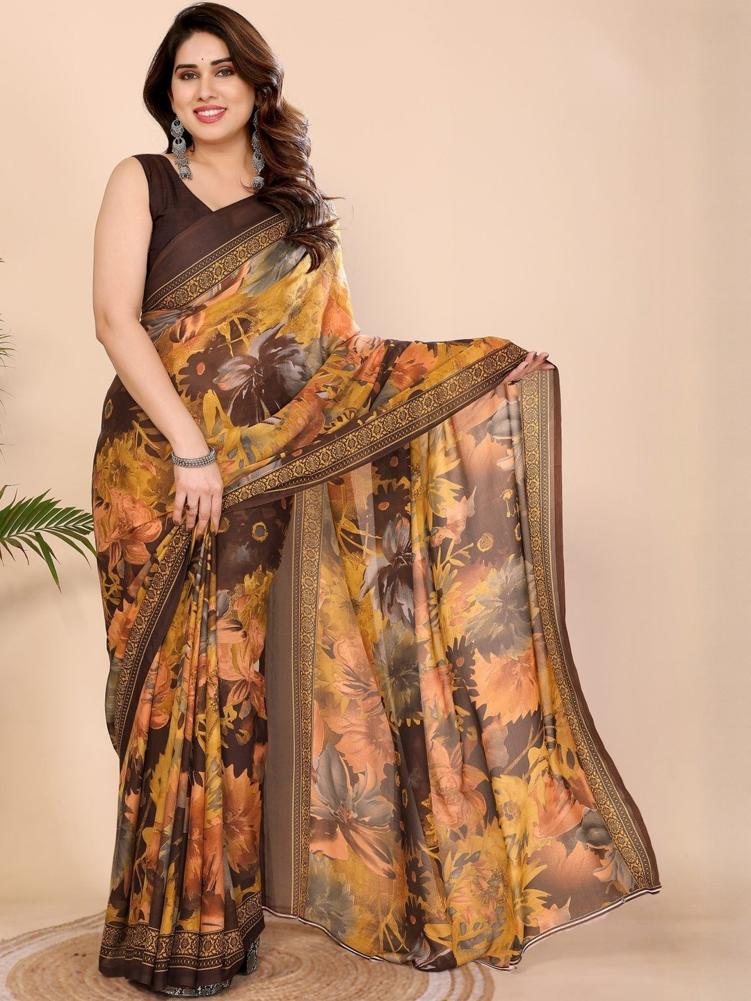 vj fashion Women Brown Floral Printed Pure Georgette Saree With Blouse Piece
