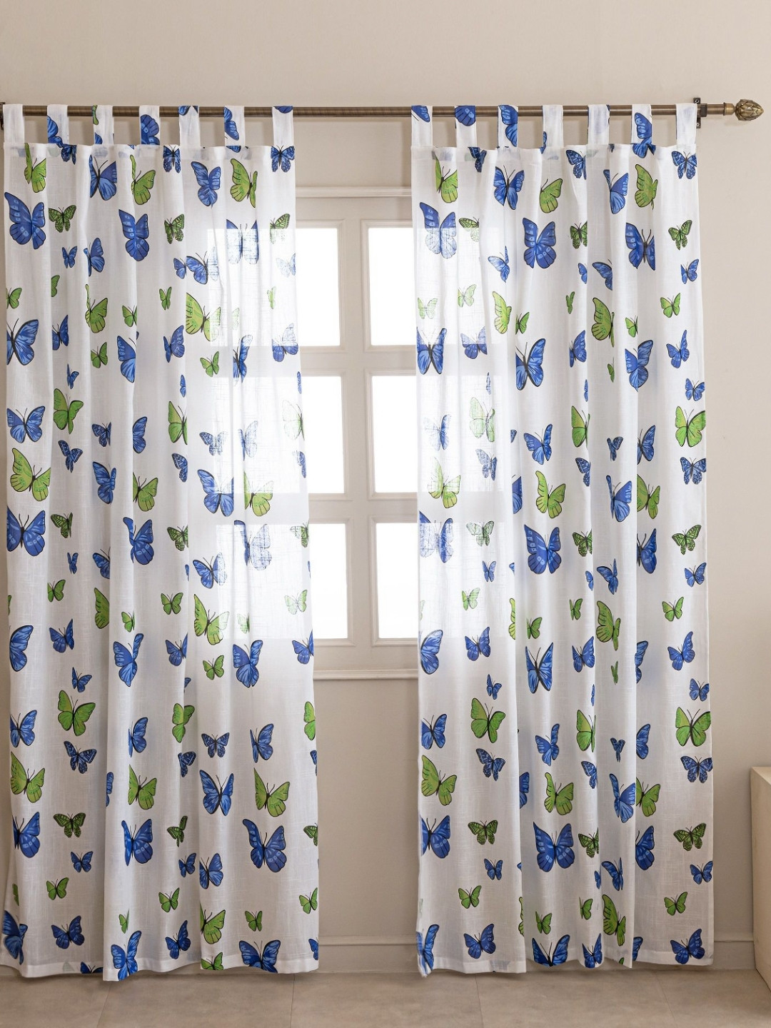 HOMEMONDE White & Blue 2 Pieces Abstract Printed Lightweight Sheer Cotton Door Curtains