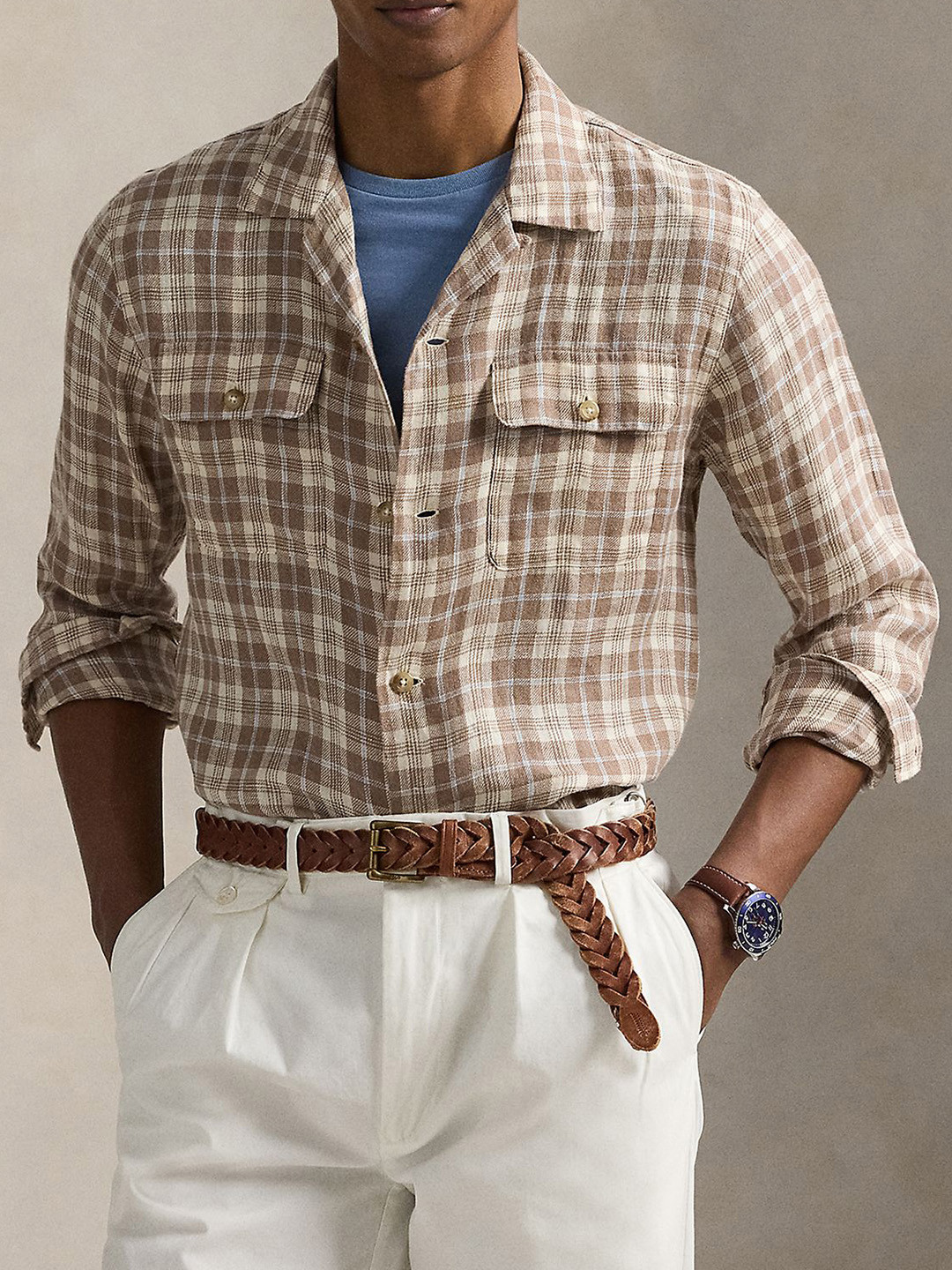 Polo Ralph Lauren Men Checked Spread Collar Linen Casual Shirt