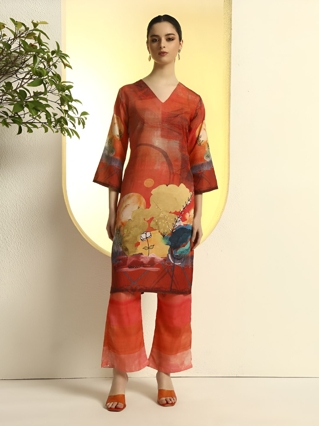 DAARI Printed V-Neck Straight Kurta With Palazzos