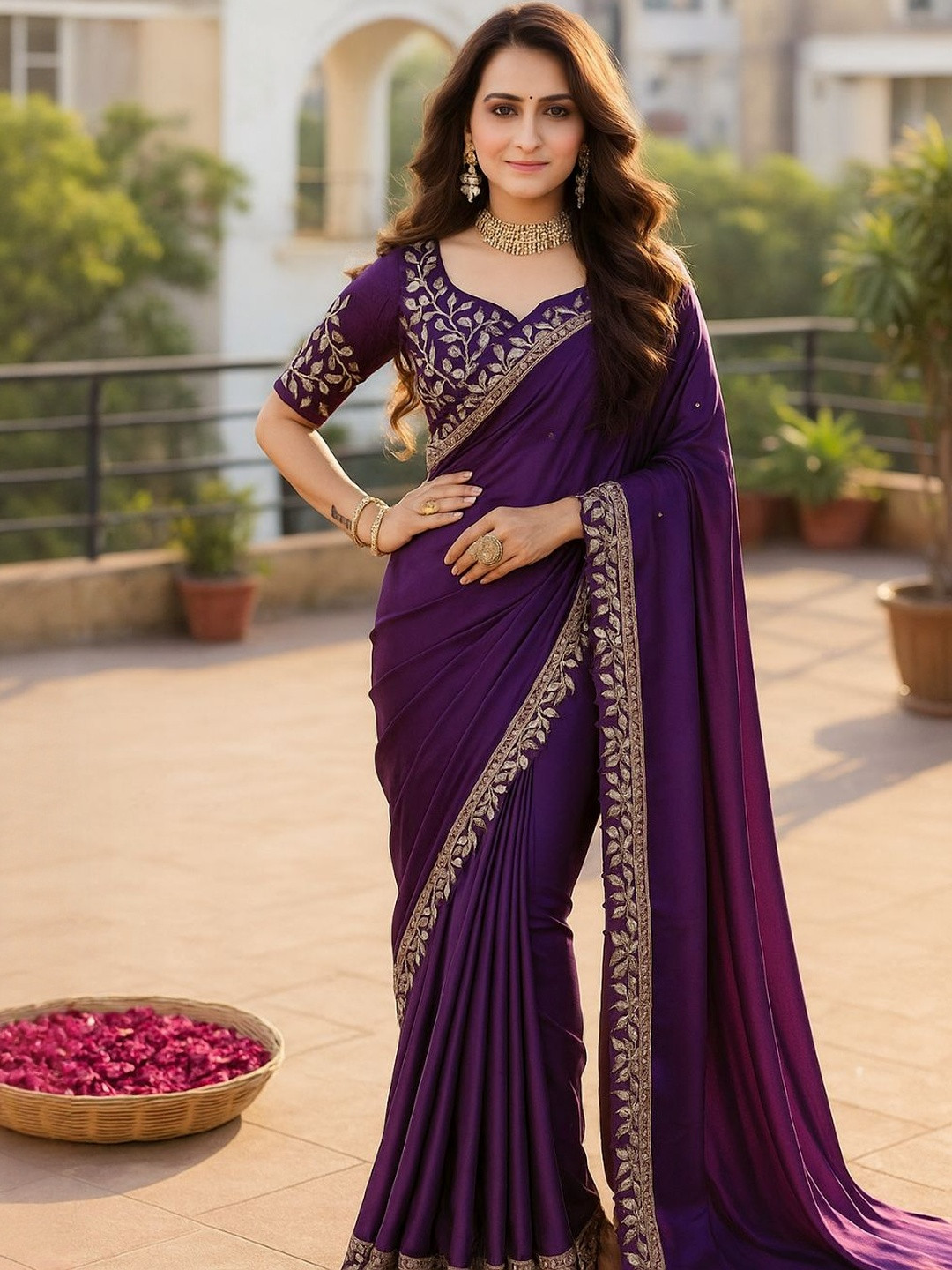 HERE&NOW Plain Saree with Embroidered Border