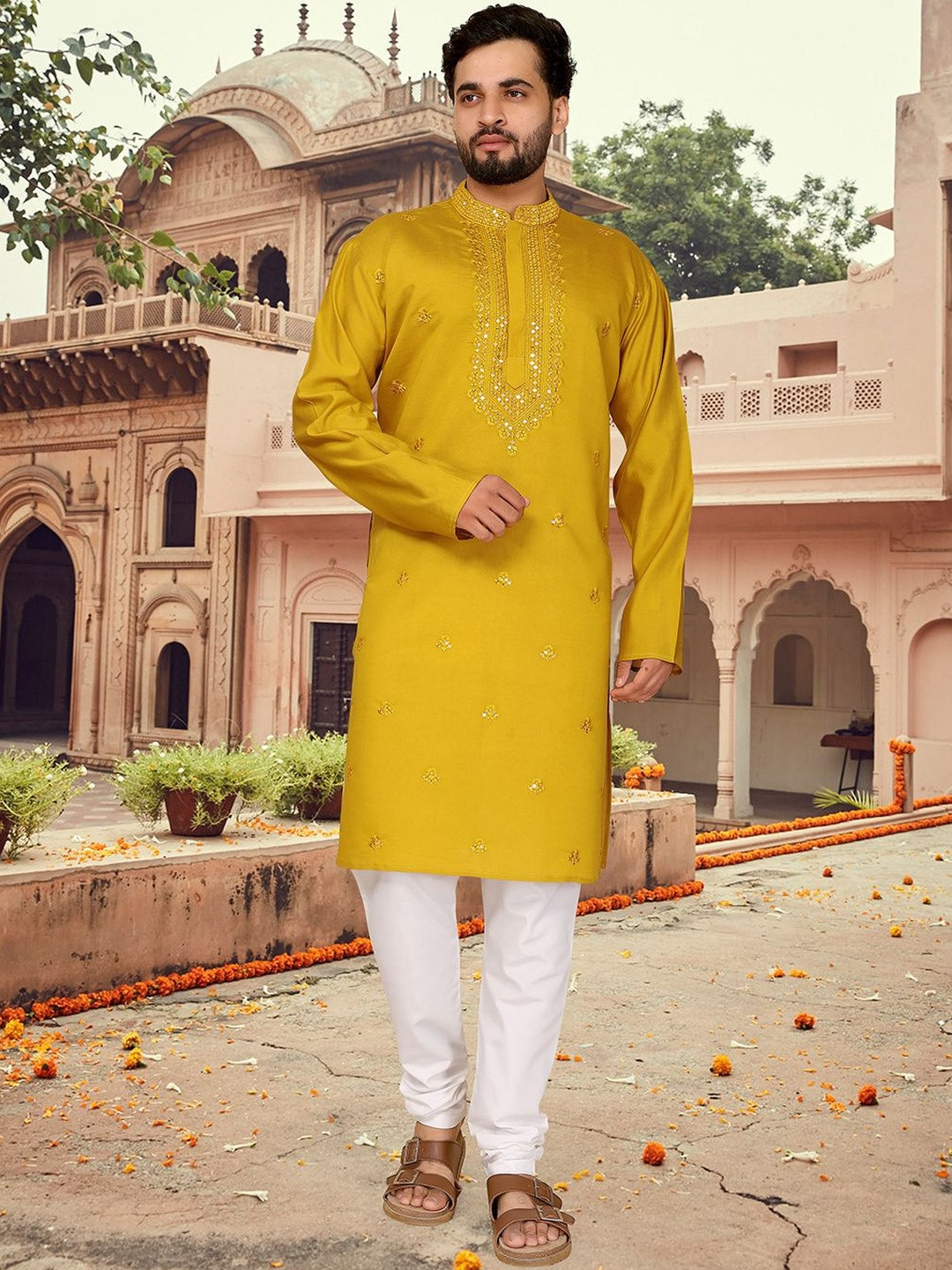 Moda Rapido Men Mustard Cotton Silk Embroidered Straight Kurtas