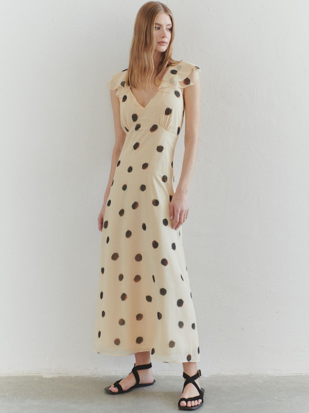 Trendyol Women Polka Dot Printed V-Neck Flutter Sleeve Ruffled Midi Dress