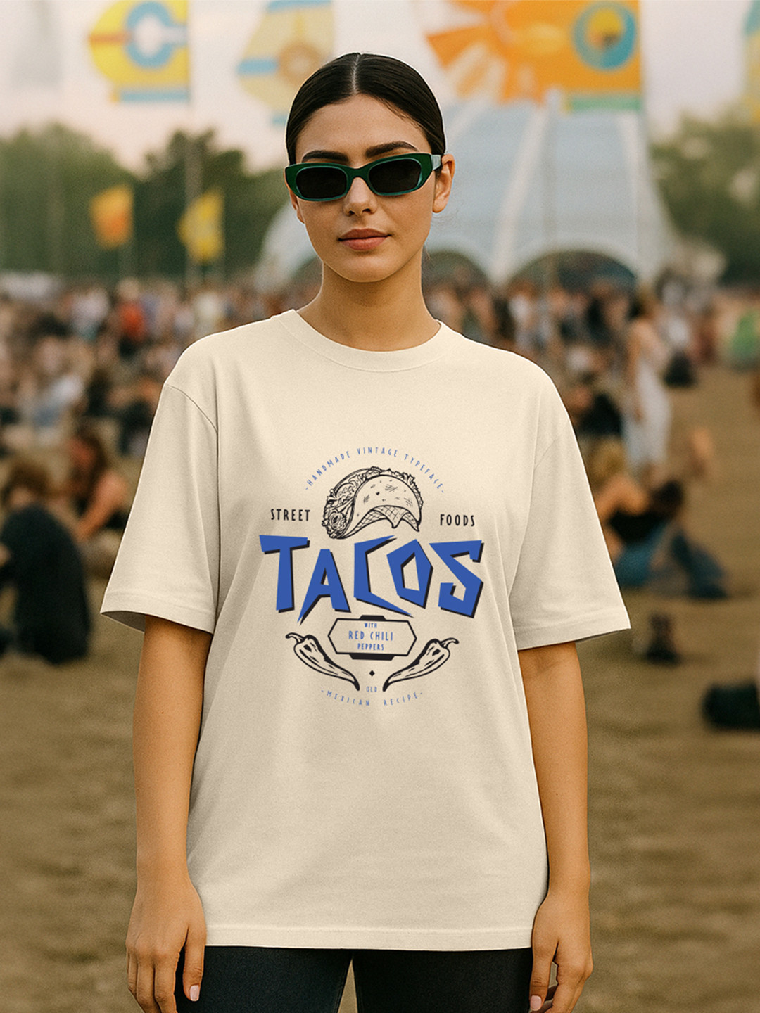 JUNEBERRY Women Beige Typography Printed Round Neck Relaxed Fit Oversized T-shirt