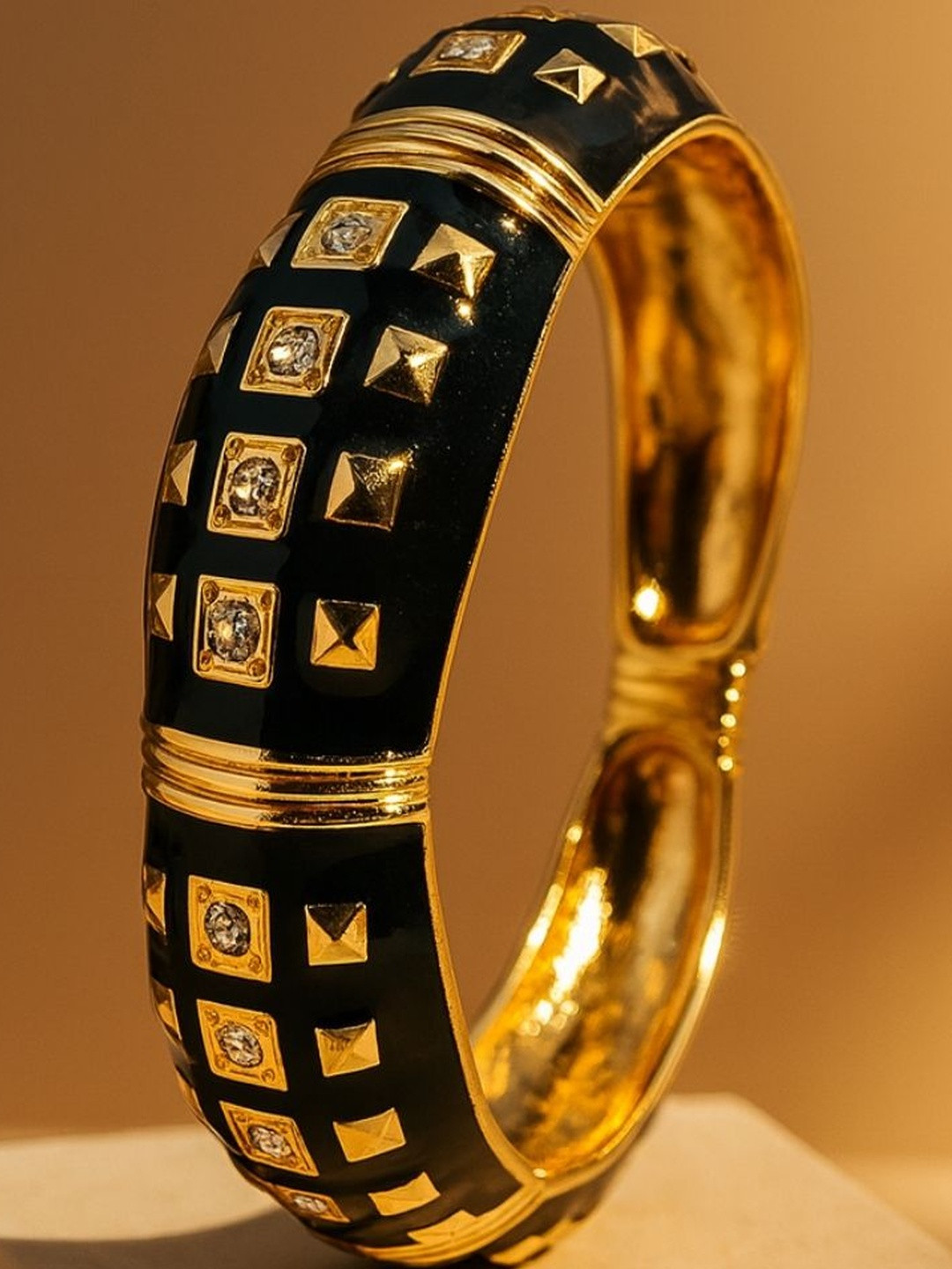 RaasRani Women Cubic Zirconia Gold-Plated Black Enamel Studded Cuff Bracelet