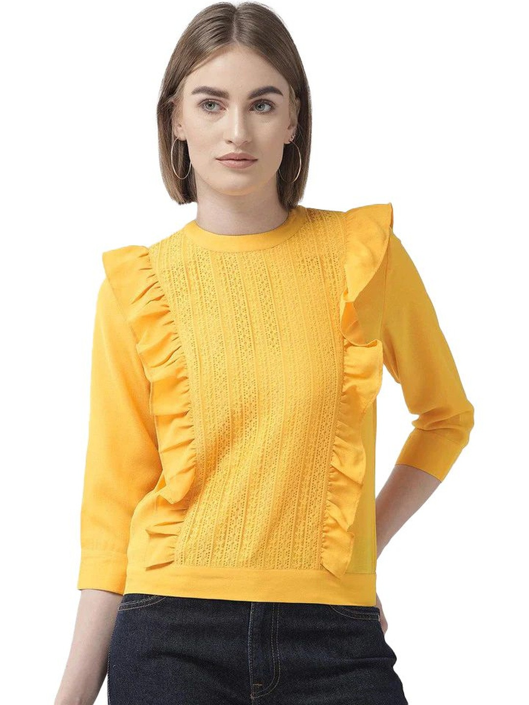 ORIEX THE ORIGINAL FASHION Women Round Neck Ruffles Net Top