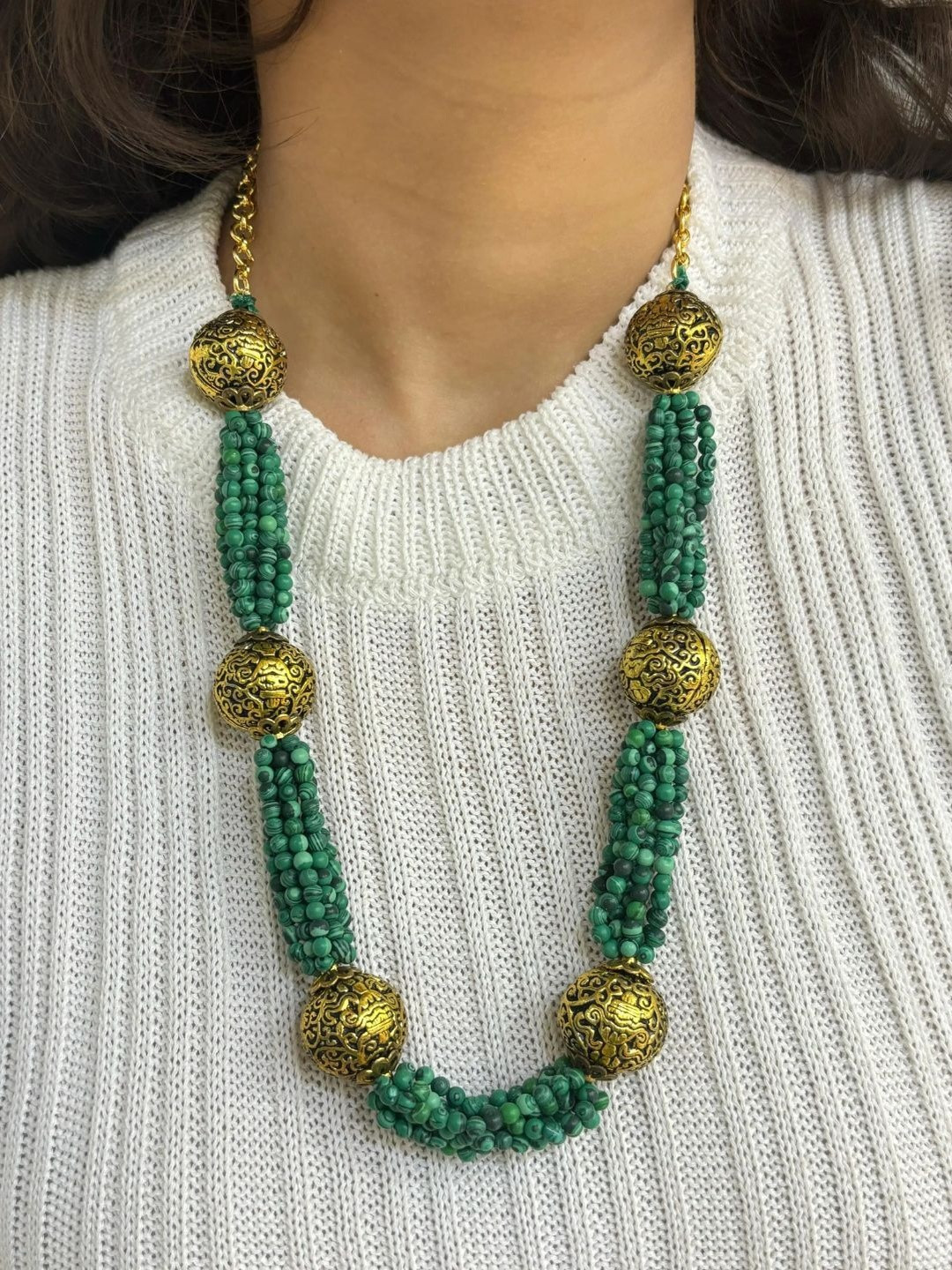Gehna By Beadazzled Gold-Plated Malachite Beaded Multilayered Jewellery Set