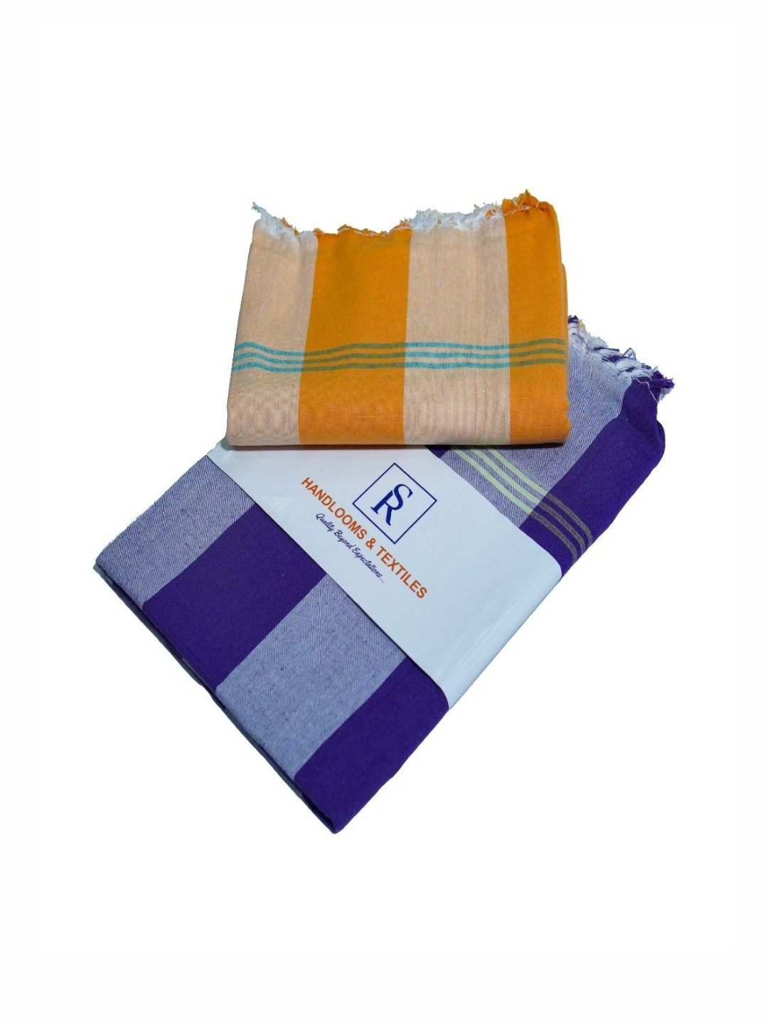 SR HANDLOOMS AND TEXTILES Blue & Orange 2 Pieces Striped Pure Cotton 400 GSM Bath Towels