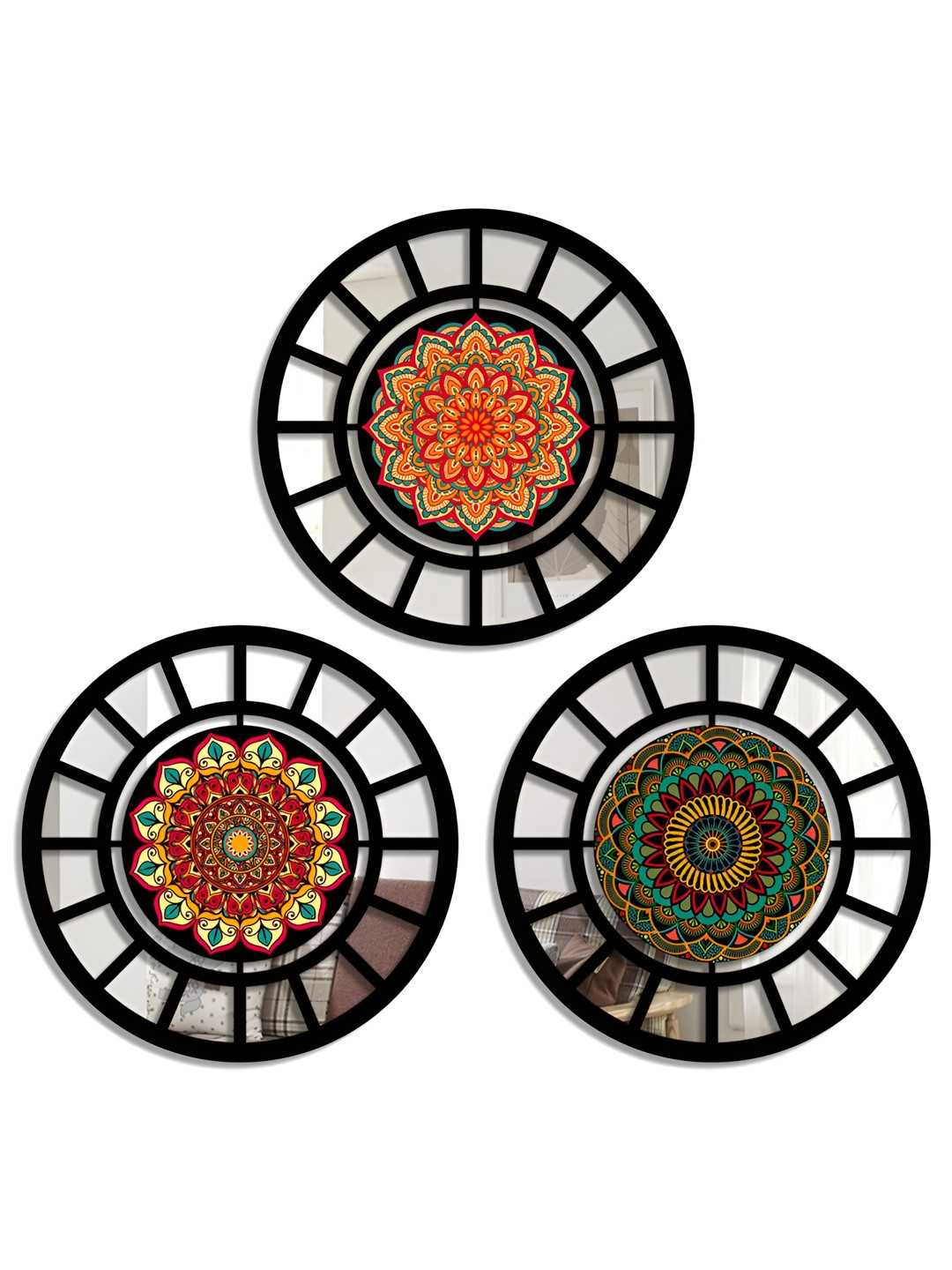 SEHAZ ARTWORKS Black & Yellow 3 Pieces Jharokha Printed Wooden Wall Arts