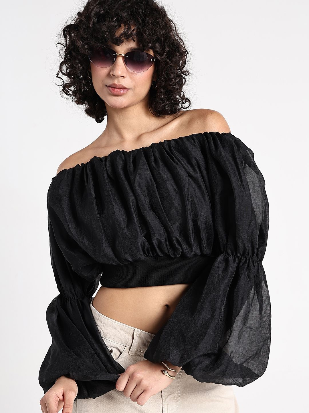 SHOWOFF Women Black Synthetic Chiffon Crop Blouson Tops