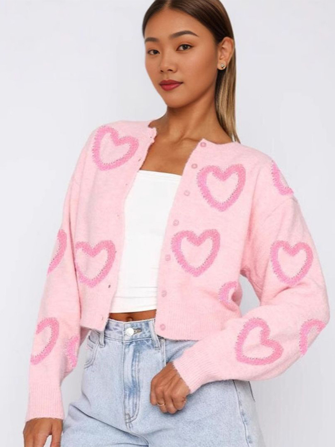 StyleCast Women Printed Long Sleeves Henley Neck Crop Cardigan
