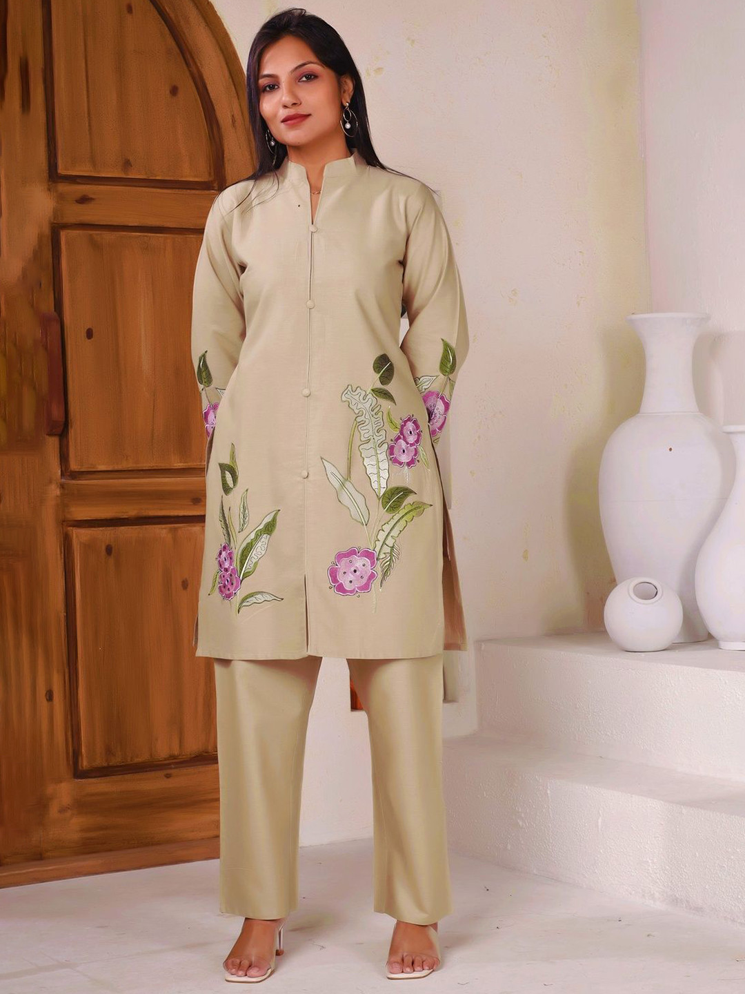 BEYOND ETHNIC Embroidered Mandarin Collar Pure Cotton Tunic With Trouser