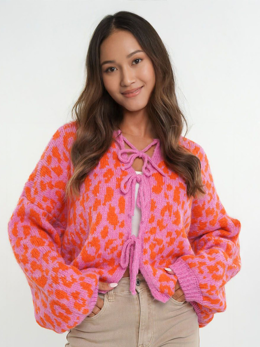 StyleCast Women Abstract Self Design V-Neck Long Sleeves Cardigan With Toggle