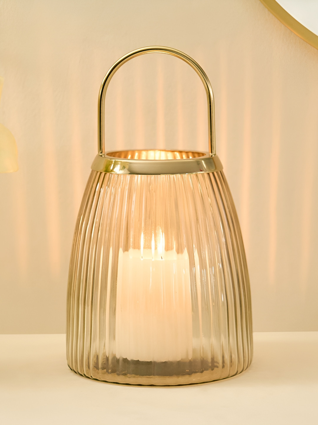 Home Centre Gold-Toned Glass Ribbed Lantern Candle Holder