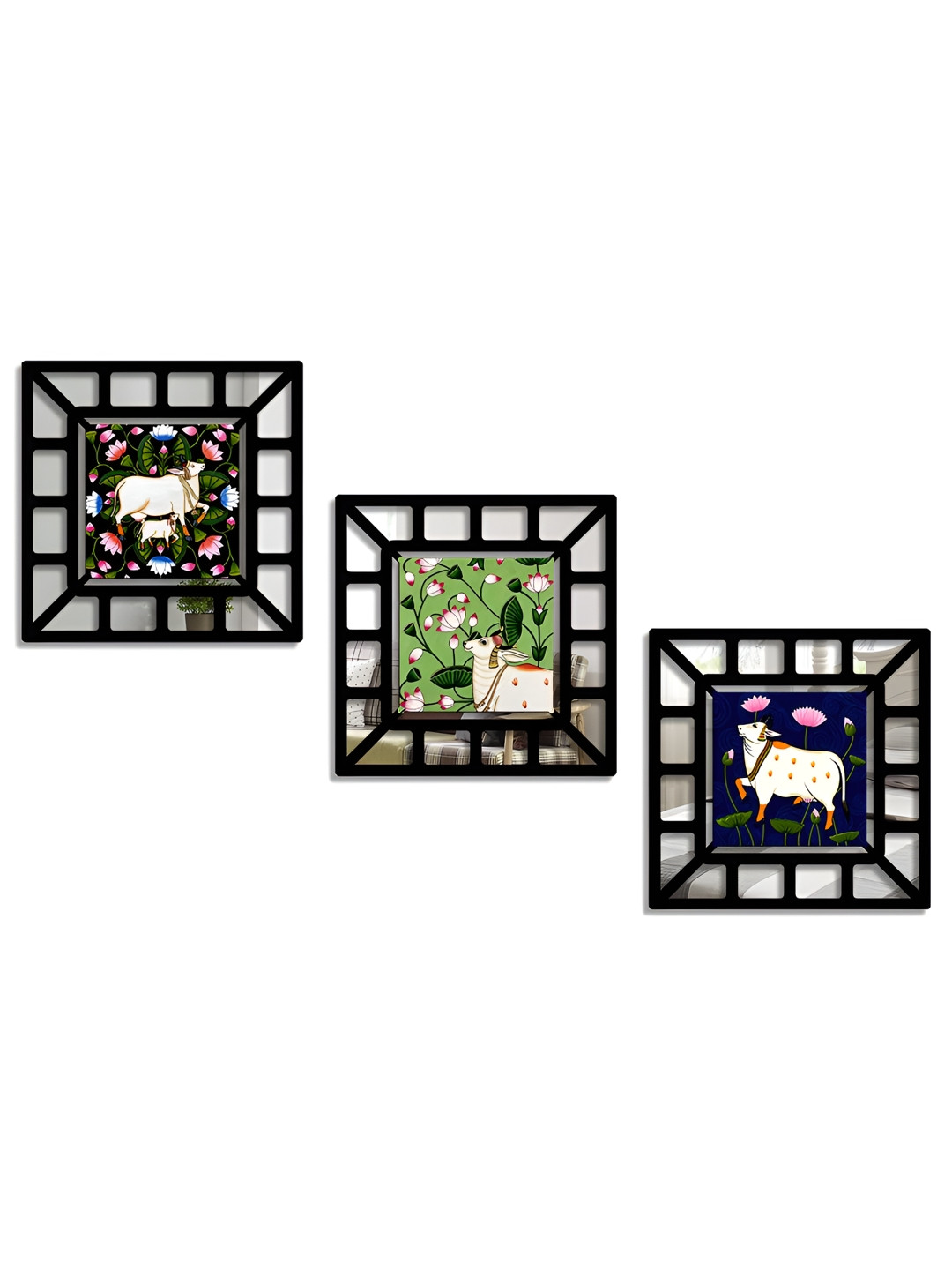 SEHAZ ARTWORKS Set Of 3 Black & Green Wooden Wall Paintings