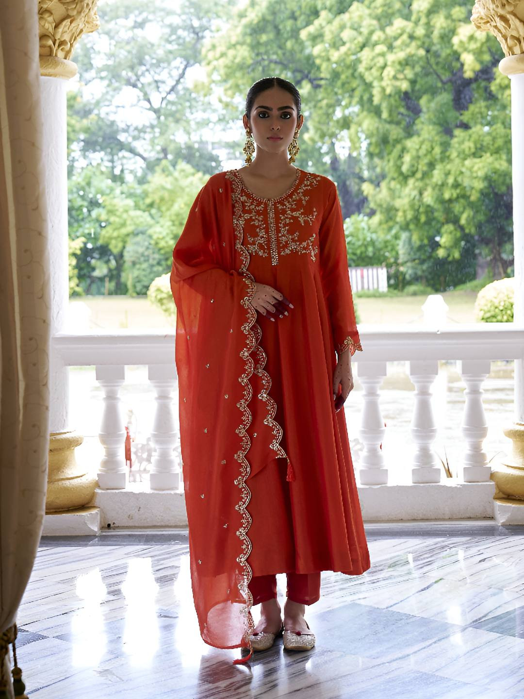 Colors of Earth Embroidered Round Neck Thread Work Anarkali Kurta With Trousers & Dupatta